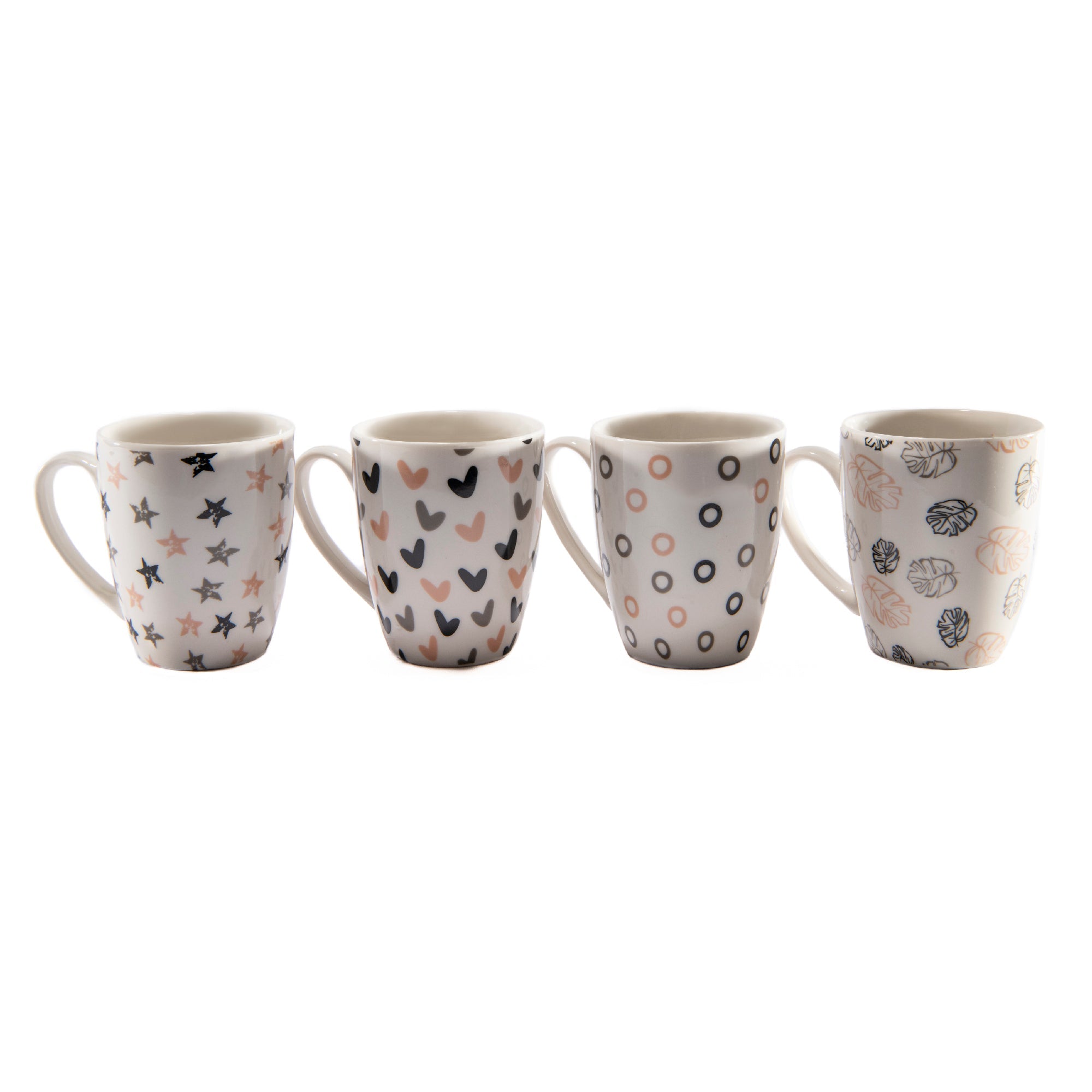 Ceramic Coffee Mugs with Decorative Prints – Assorted - Set of 4