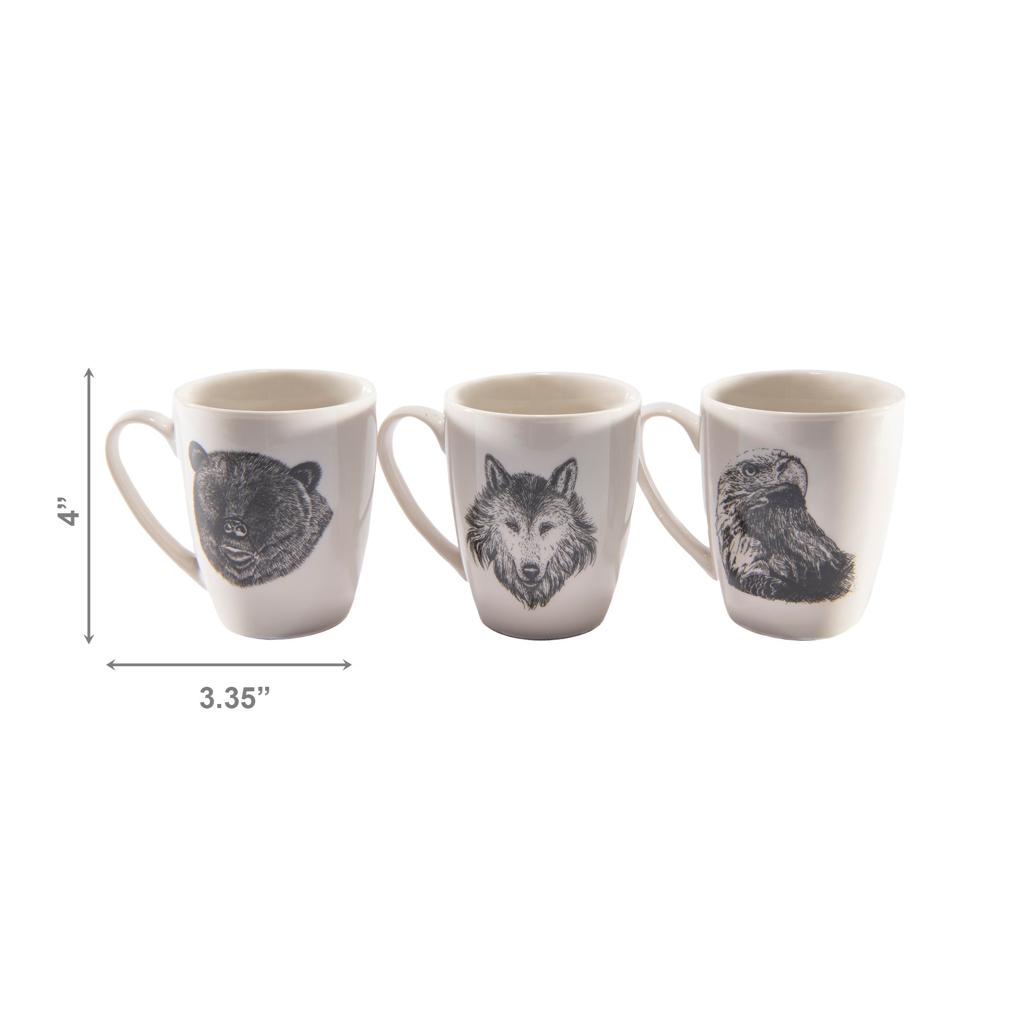 Ceramic Wildlife Coffee Mugs – Bear, Eagle & Wolf - Set of 3