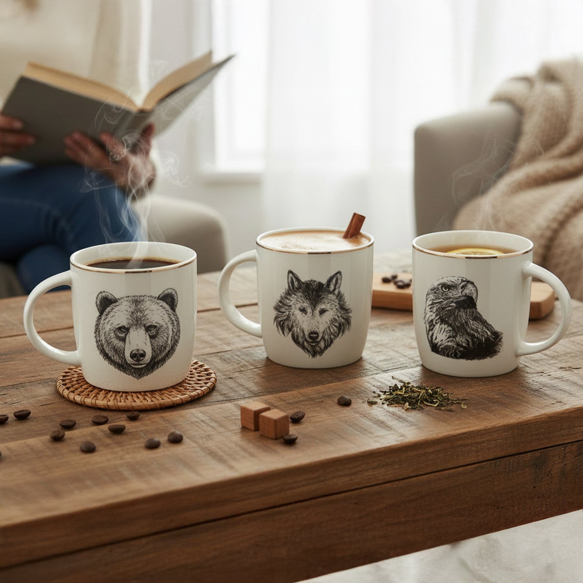 Ceramic Wildlife Coffee Mugs – Bear, Eagle & Wolf - Set of 3