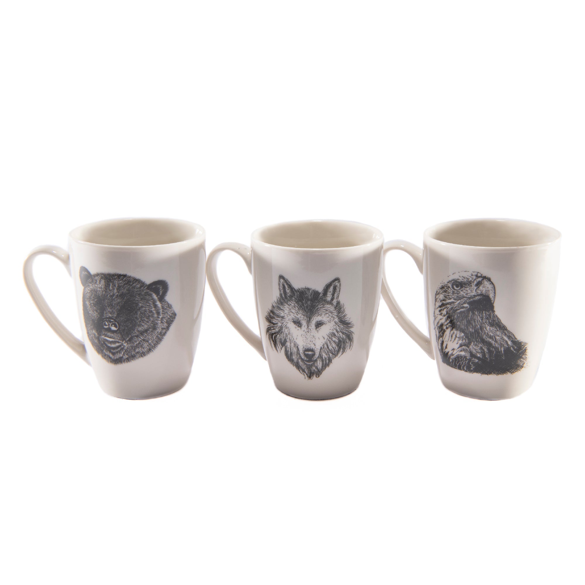 Ceramic Wildlife Coffee Mugs – Bear, Eagle & Wolf - Set of 3