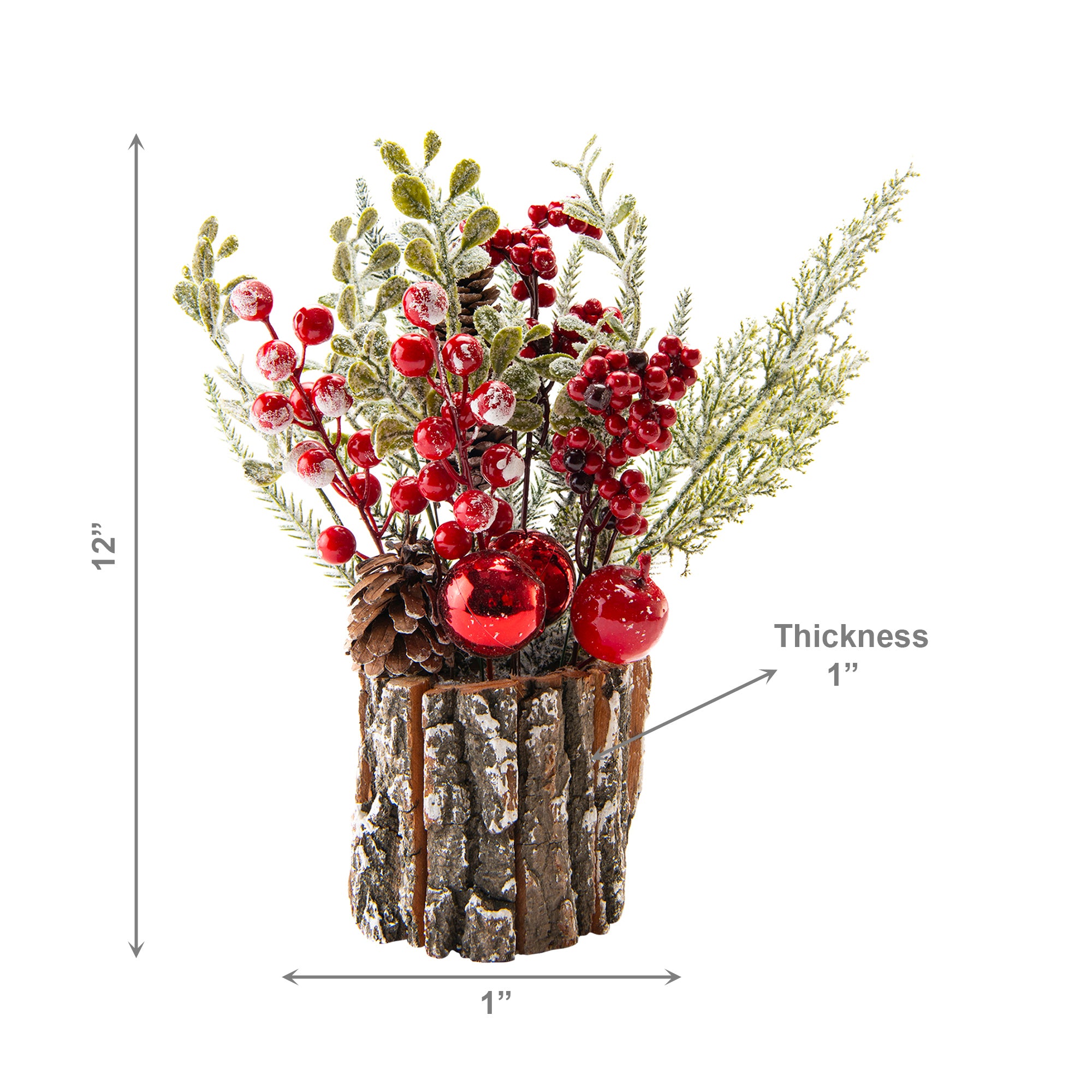 12" Berry Arrangement with Tree Bark Base Red, Holiday Decor
