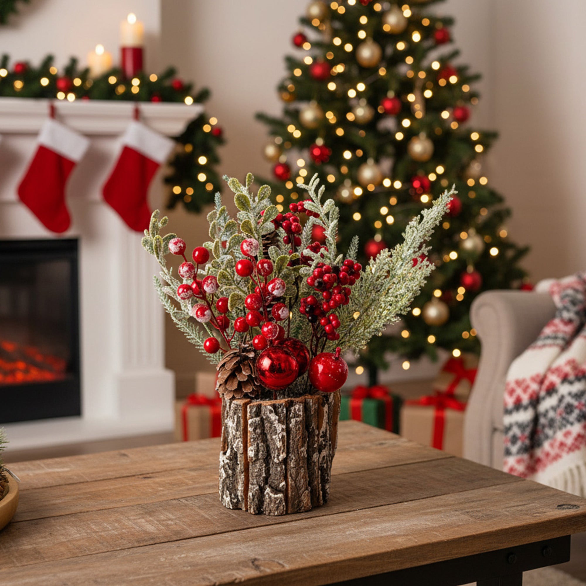 12" Berry Arrangement with Tree Bark Base Red, Holiday Decor
