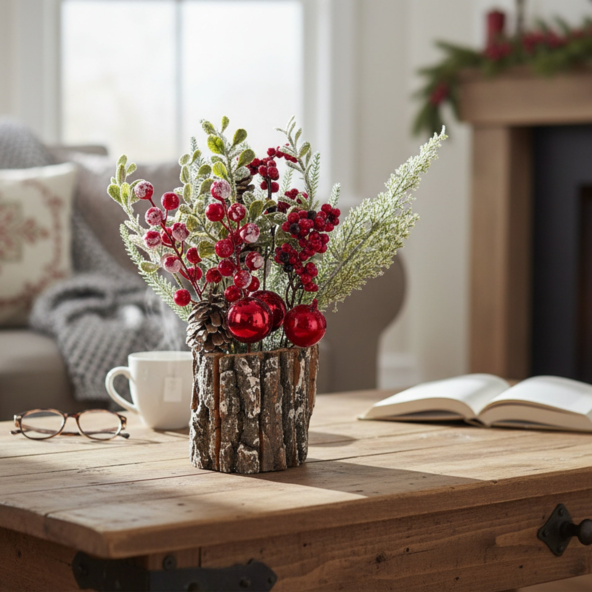 12" Berry Arrangement with Tree Bark Base Red, Holiday Decor