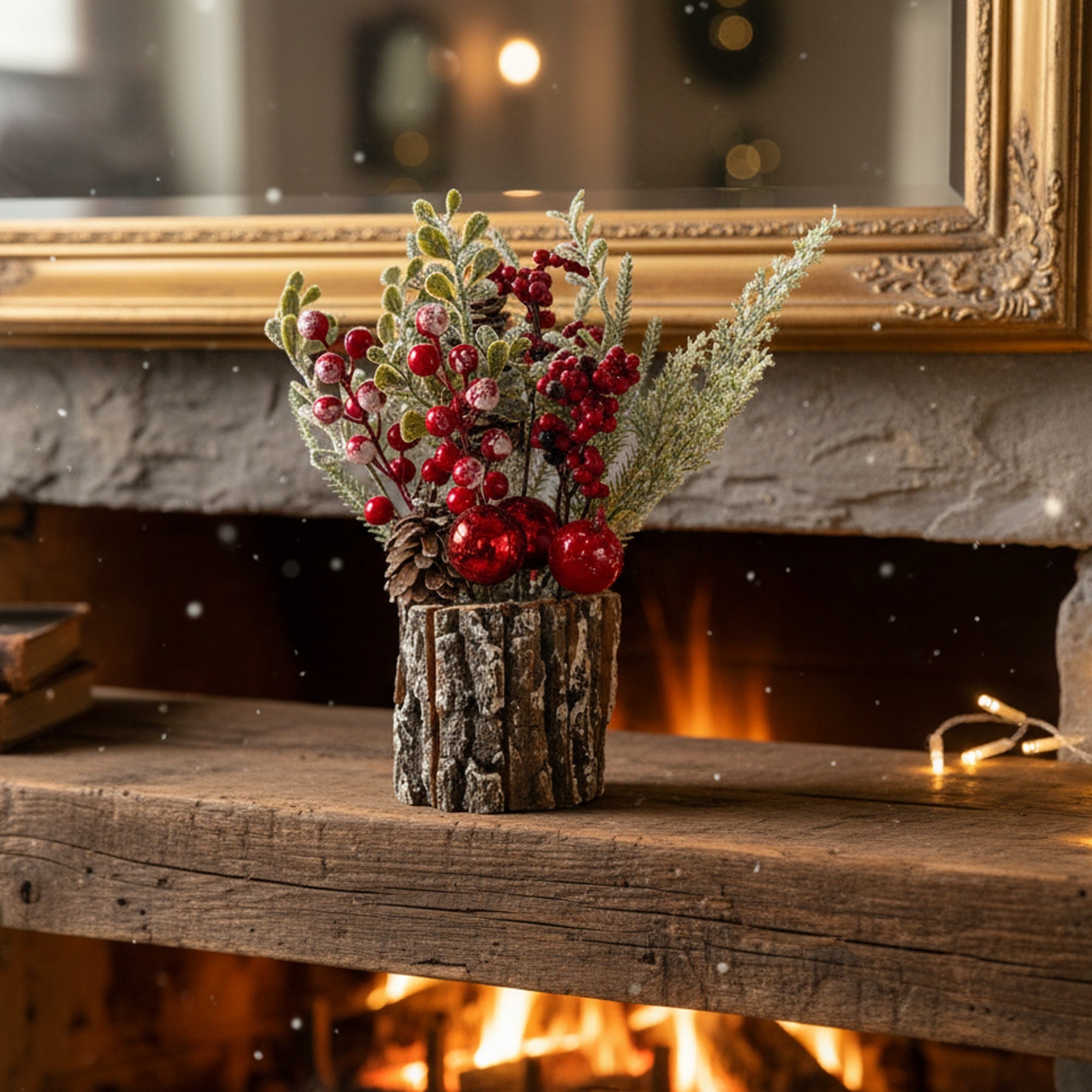 12" Berry Arrangement with Tree Bark Base Red, Holiday Decor