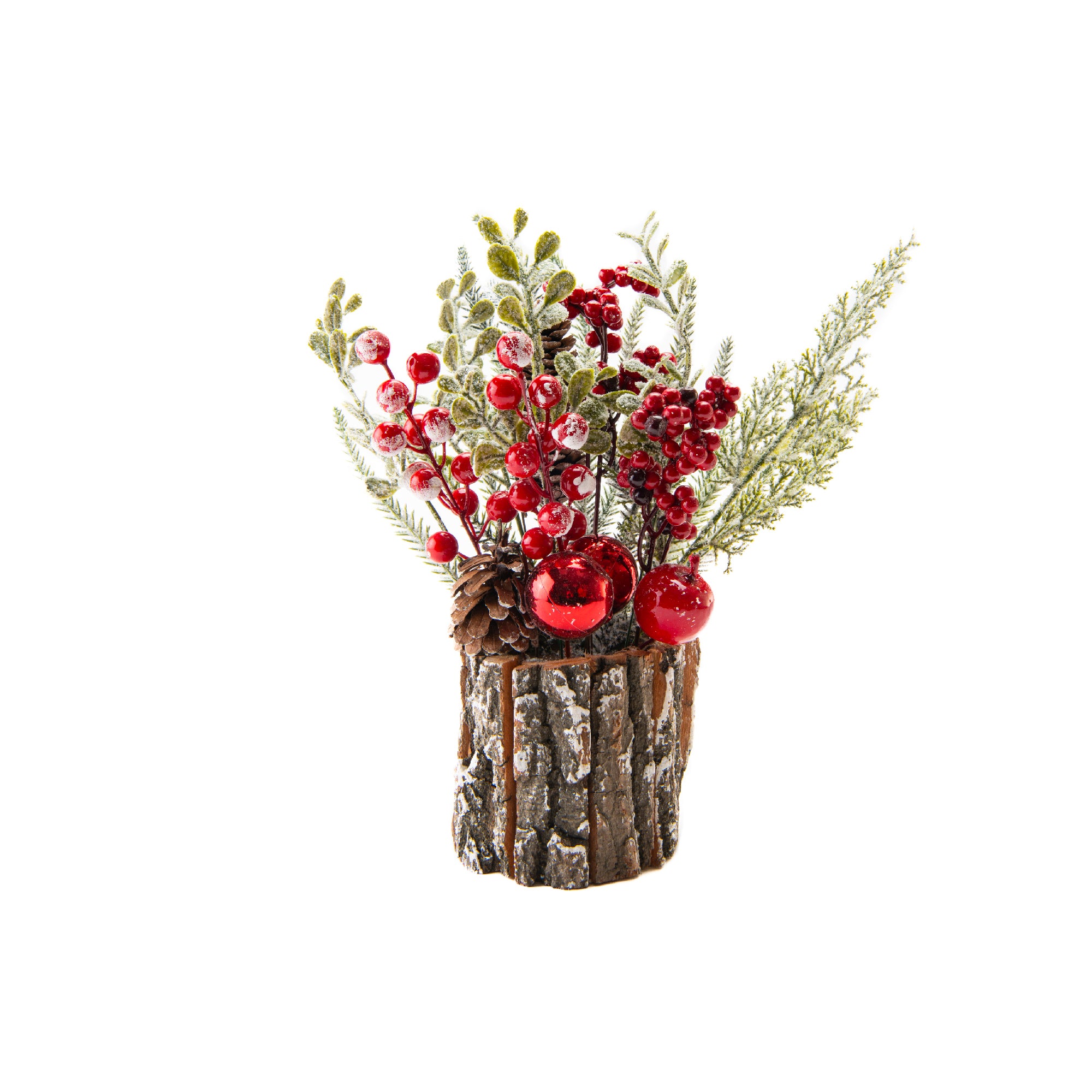 12" Berry Arrangement with Tree Bark Base Red, Holiday Decor