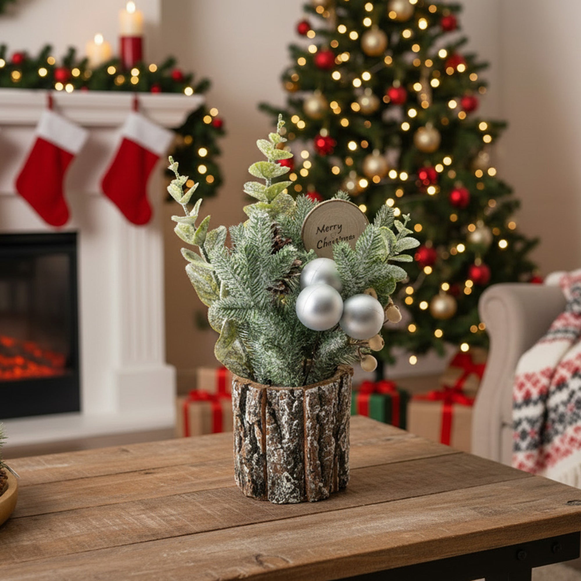 12" Berry Arrangement with Tree Bark Base White, Holiday Decor