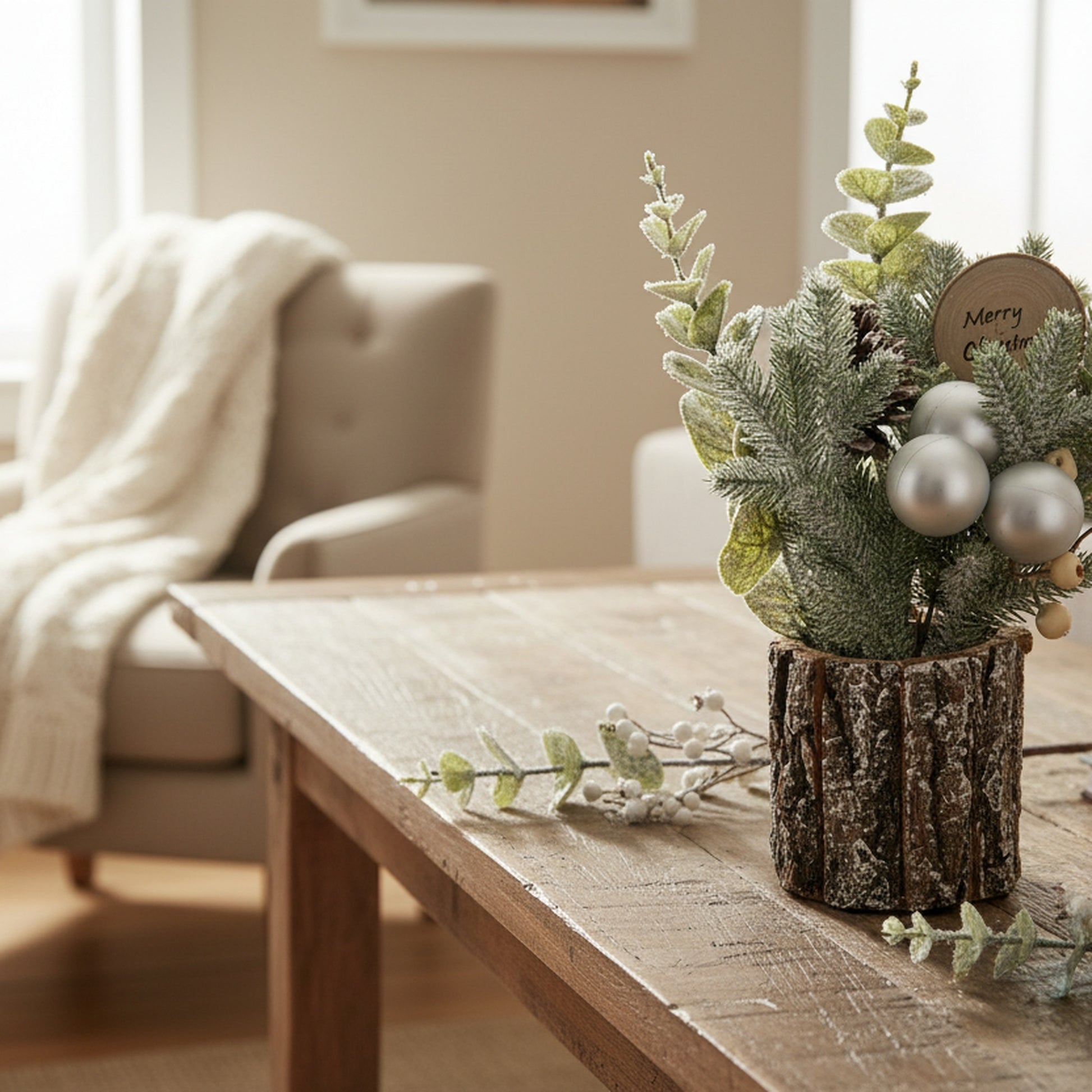 12" Berry Arrangement with Tree Bark Base White, Holiday Decor