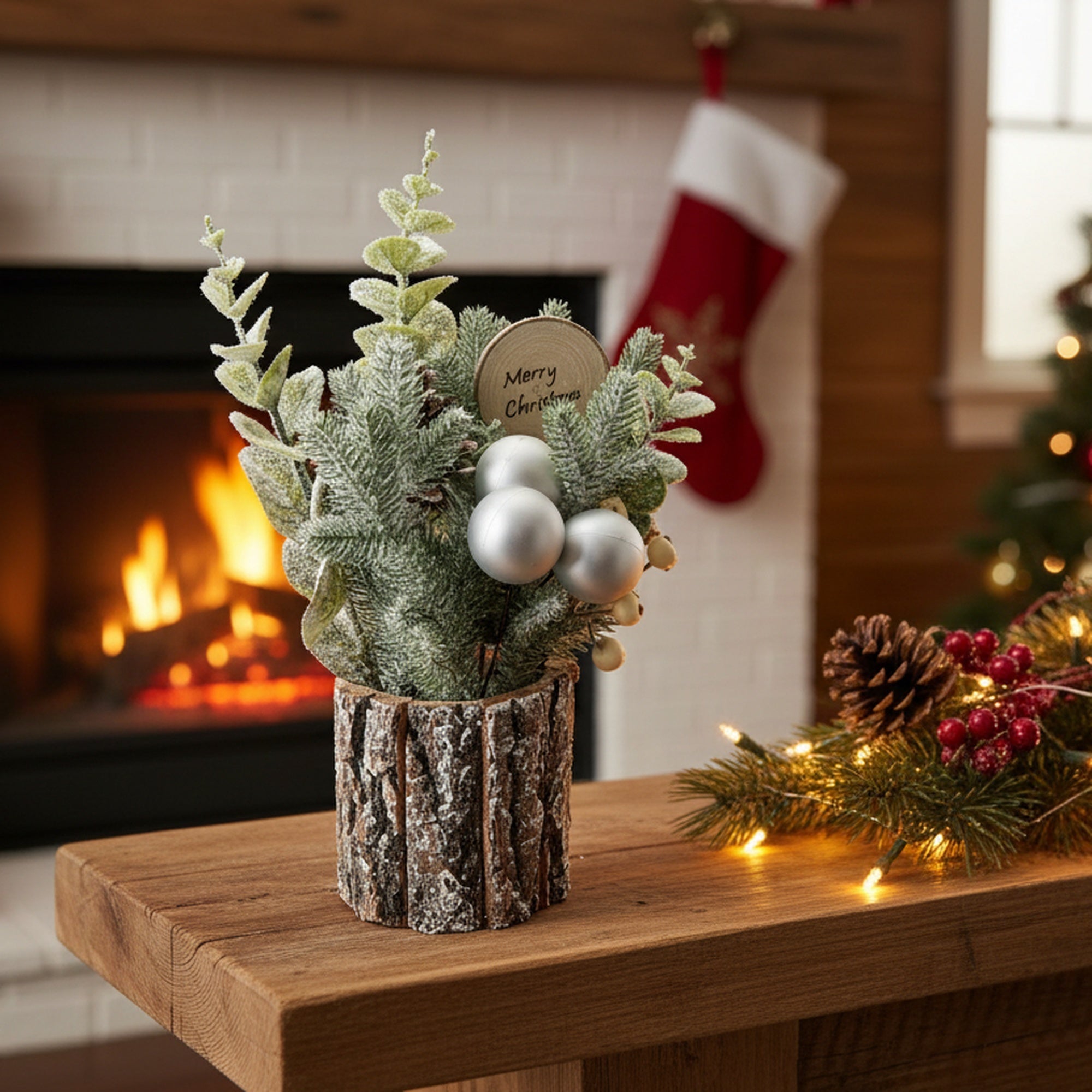 12" Berry Arrangement with Tree Bark Base White, Holiday Decor