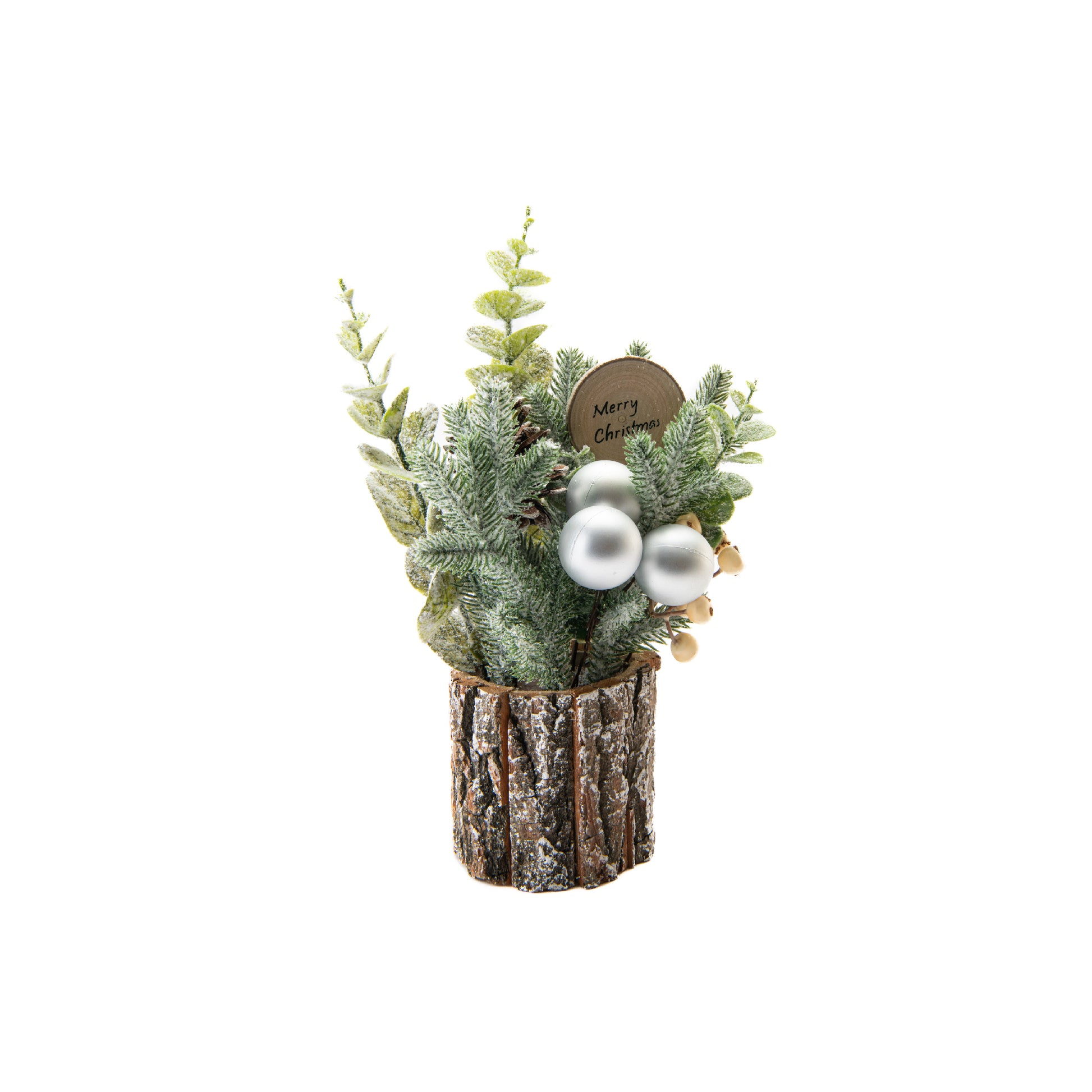 12" Berry Arrangement with Tree Bark Base White, Holiday Decor