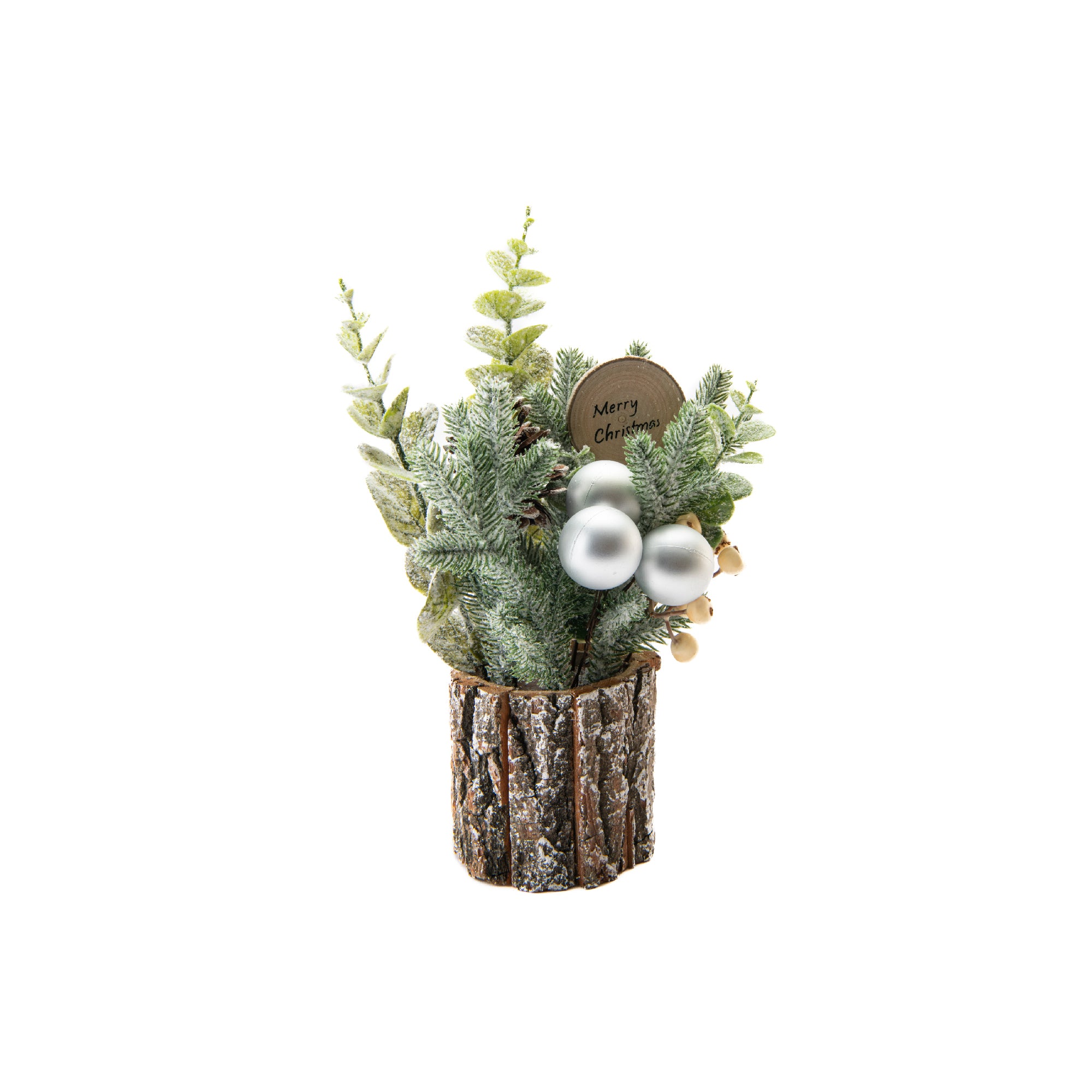 12" Berry Arrangement with Tree Bark Base White, Holiday Decor