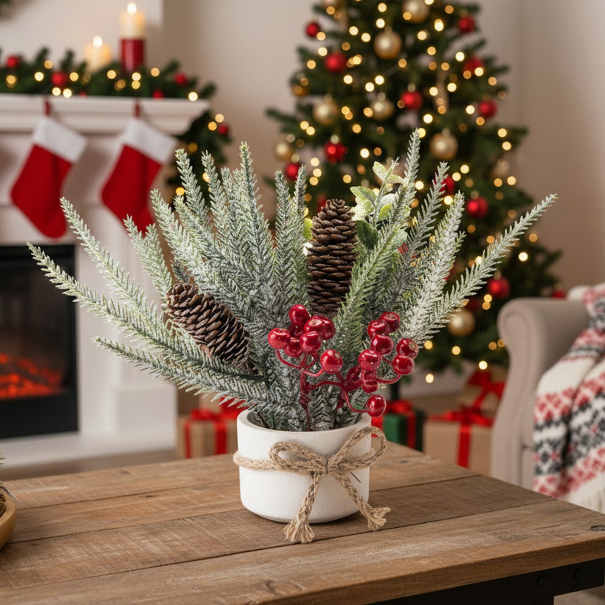 10" Berry Arrangement with Cement Base Red, Holiday Decor