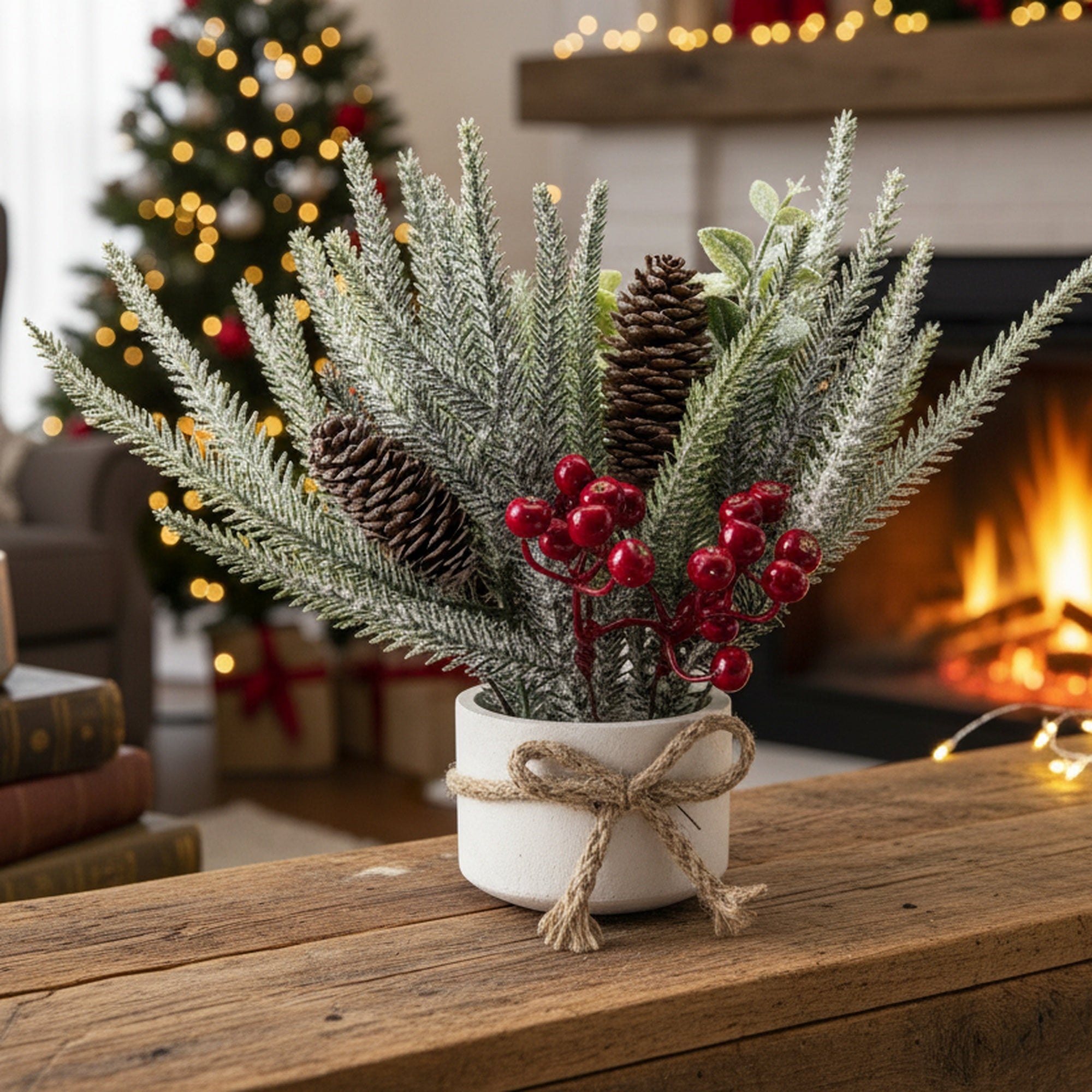 10" Berry Arrangement with Cement Base Red, Holiday Decor
