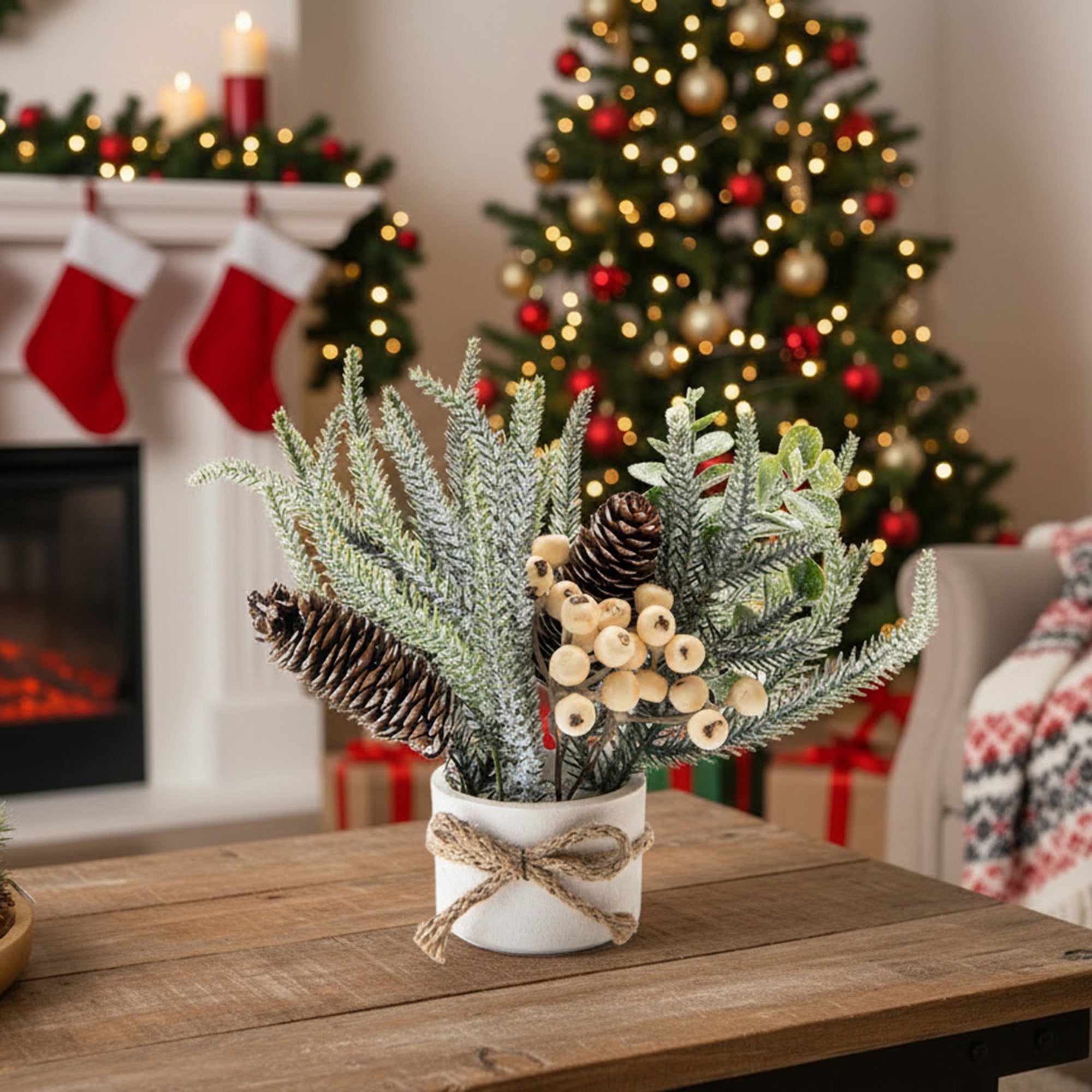 10" Berry Arrangement with Cement Base White, Holiday Decor