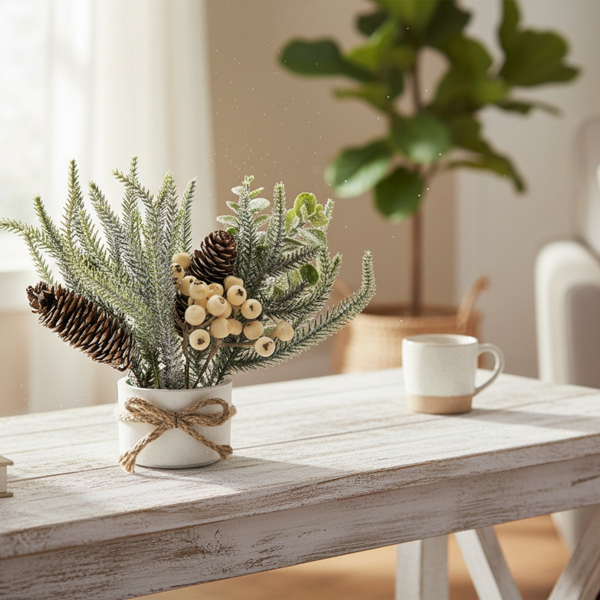 10" Berry Arrangement with Cement Base White, Holiday Decor