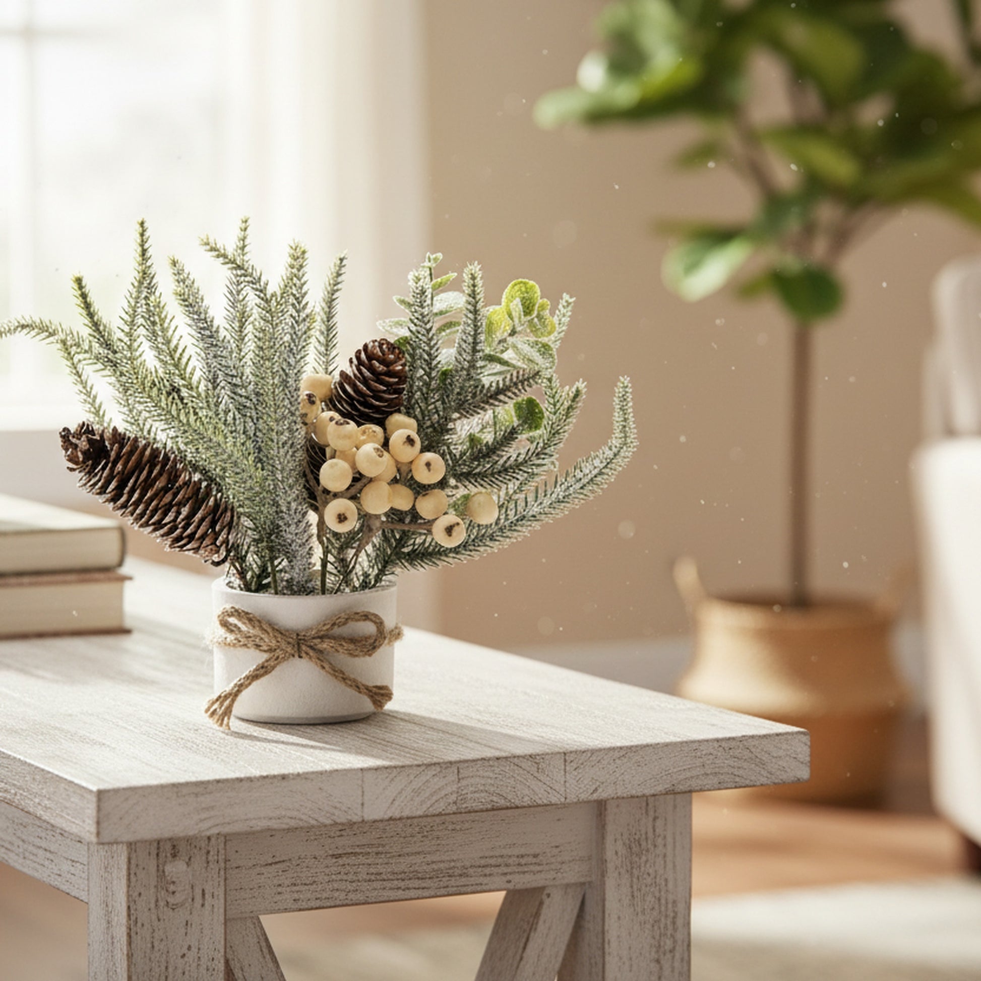 10" Berry Arrangement with Cement Base White, Holiday Decor