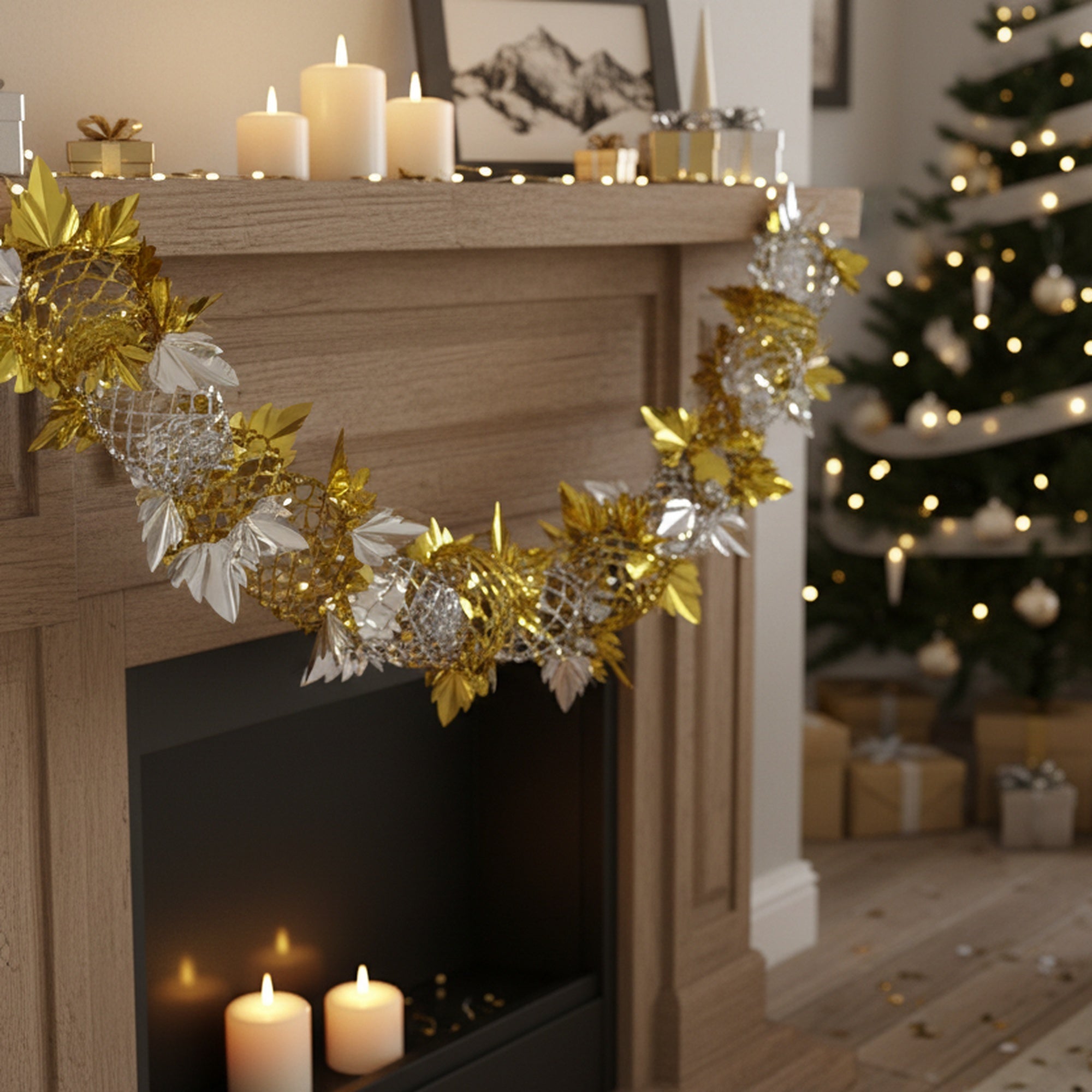 Pull Out Foil Garland Gold + Silver, Garland, Holiday Decor- Set of 6