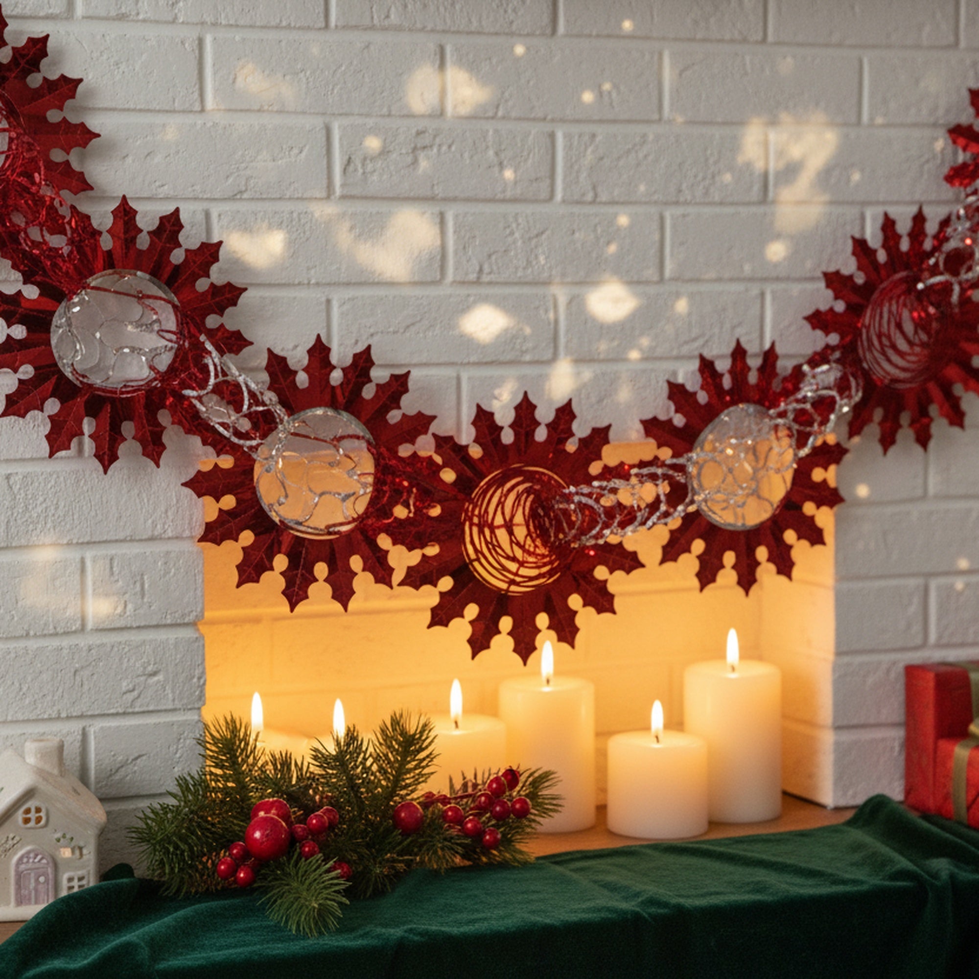 Pull Out Foil Garland Ivy Red + Silver, Garland, Holiday Decor- Set of 6