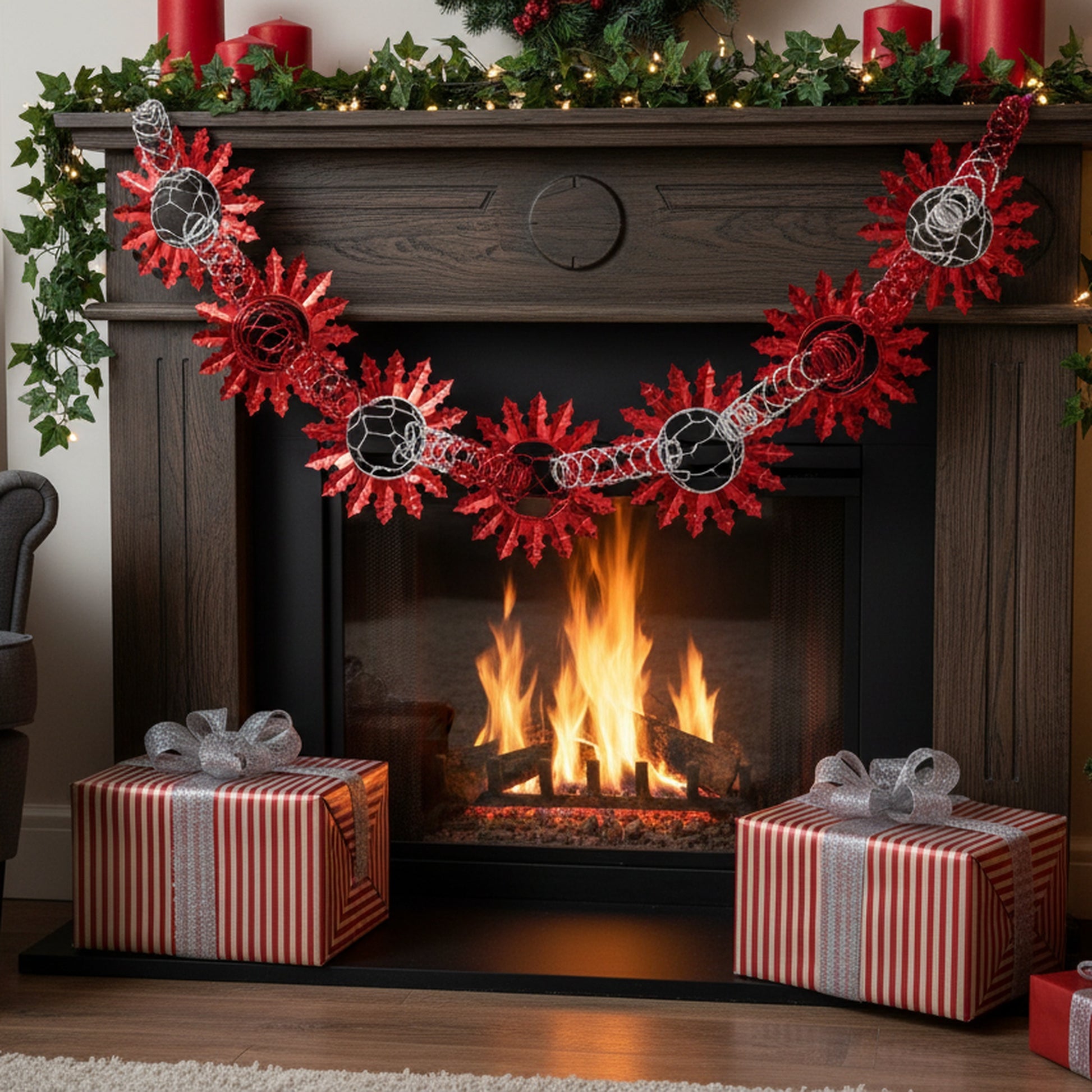 Pull Out Foil Garland Ivy Red + Silver, Garland, Holiday Decor- Set of 6