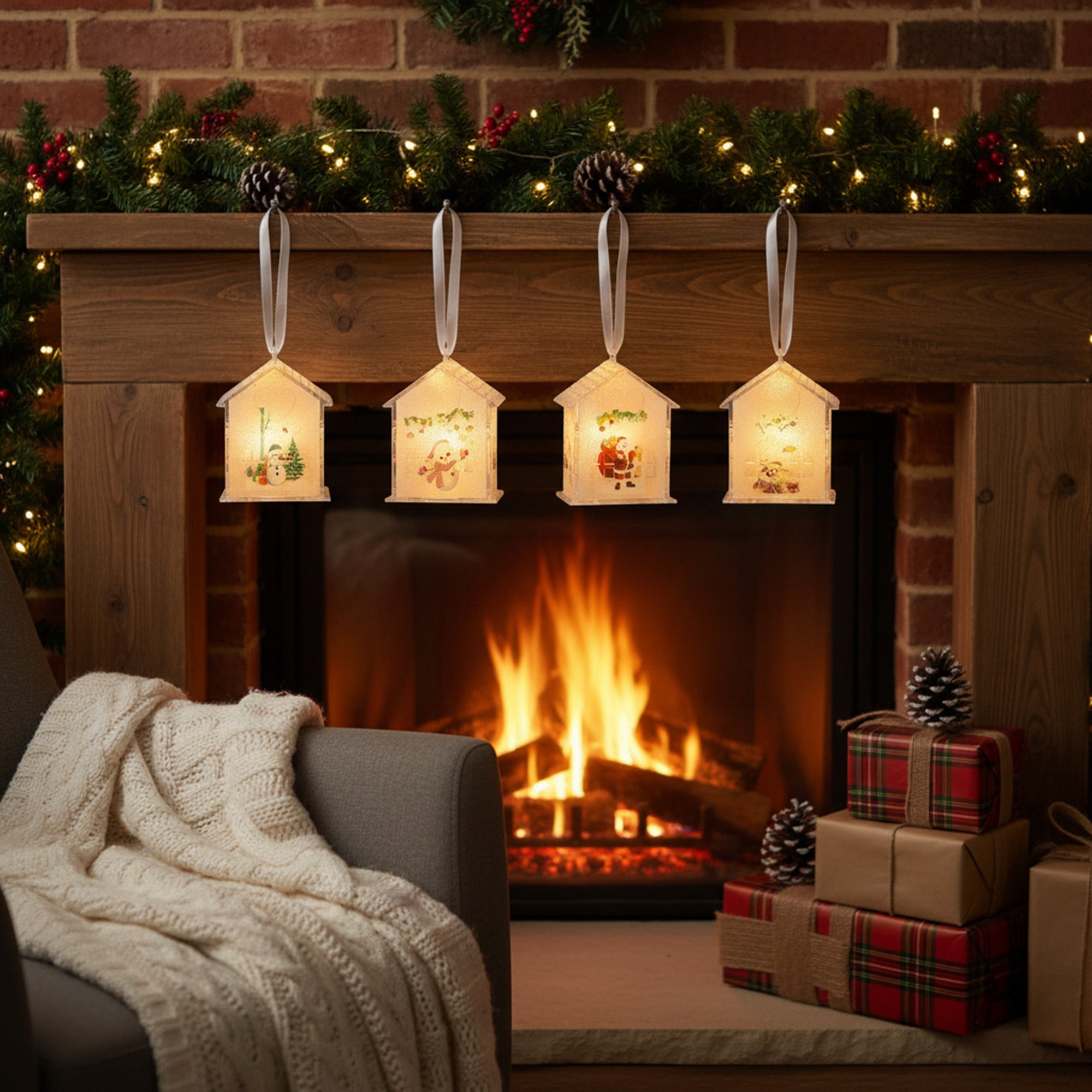 LED Acrylic House Ornament Assorted, Ornament, Holiday Decor- Set of 4