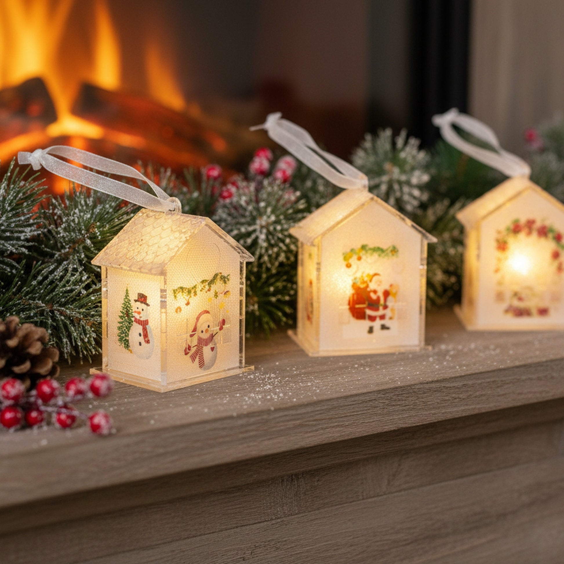 LED Acrylic House Ornament Assorted, Ornament, Holiday Decor- Set of 4
