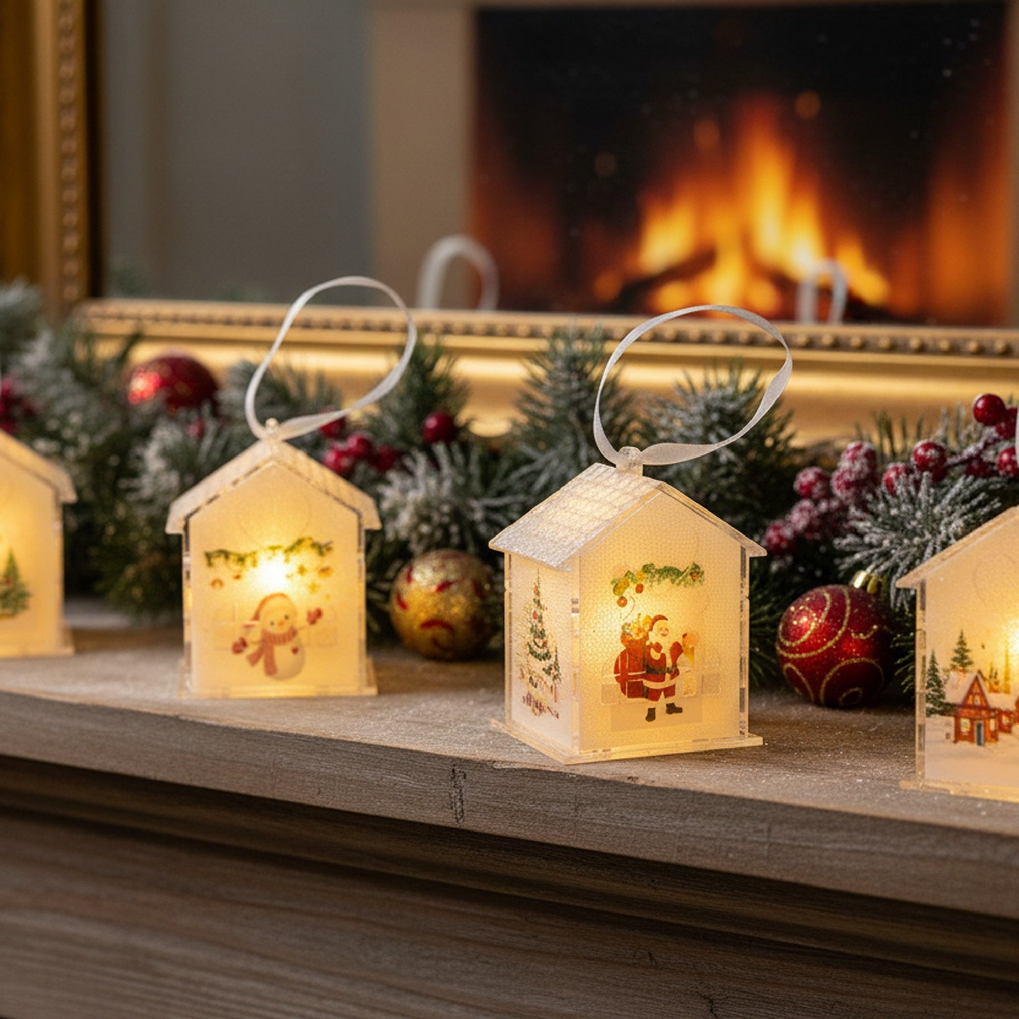 LED Acrylic House Ornament Assorted, Ornament, Holiday Decor- Set of 4