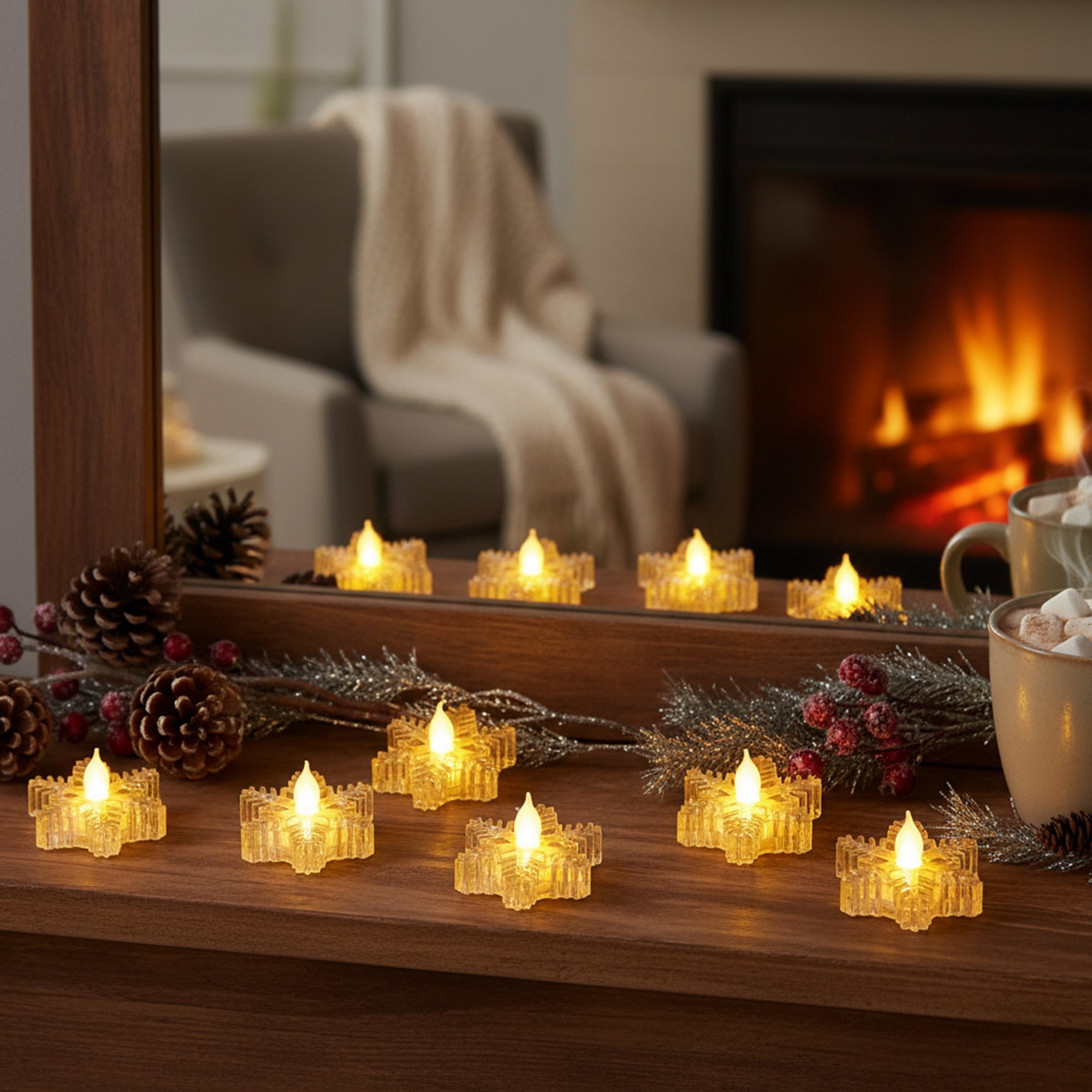 LED Acrylic Snowflake Tealight, Christmas, Holiday Decor- Set of 6