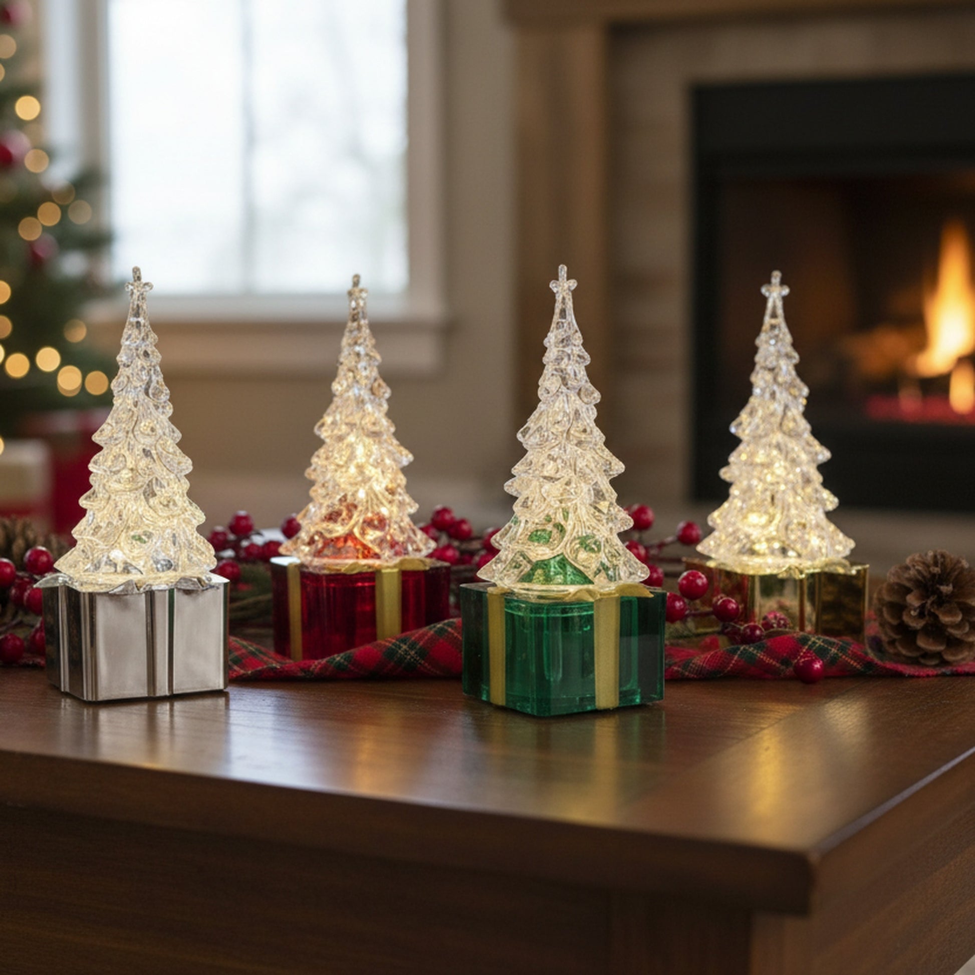 LED Acrylic Christmas Tree on Present Assorted, Christmas, Holiday Decor- Set of 4