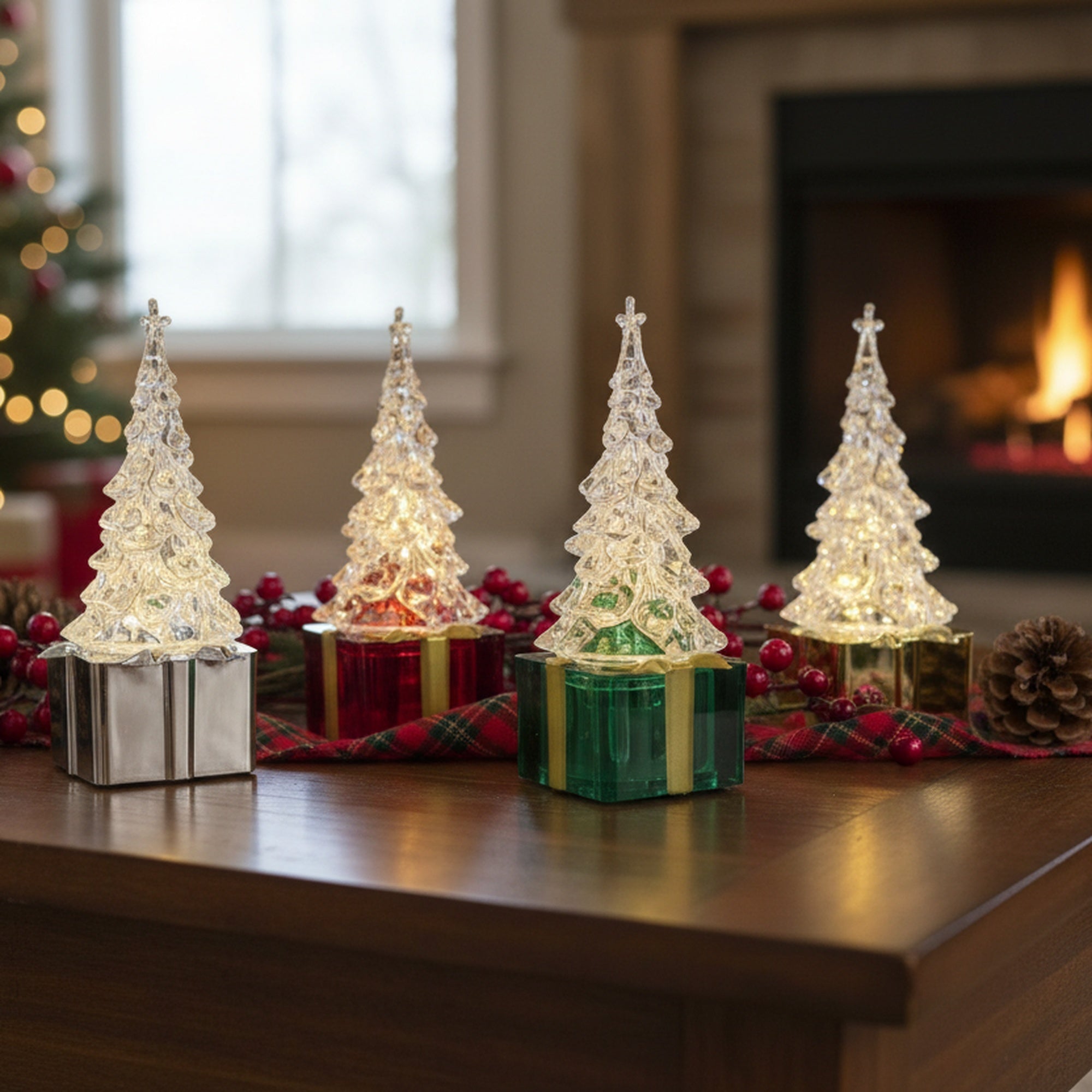LED Acrylic Christmas Tree on Present Assorted, Christmas, Holiday Decor- Set of 4