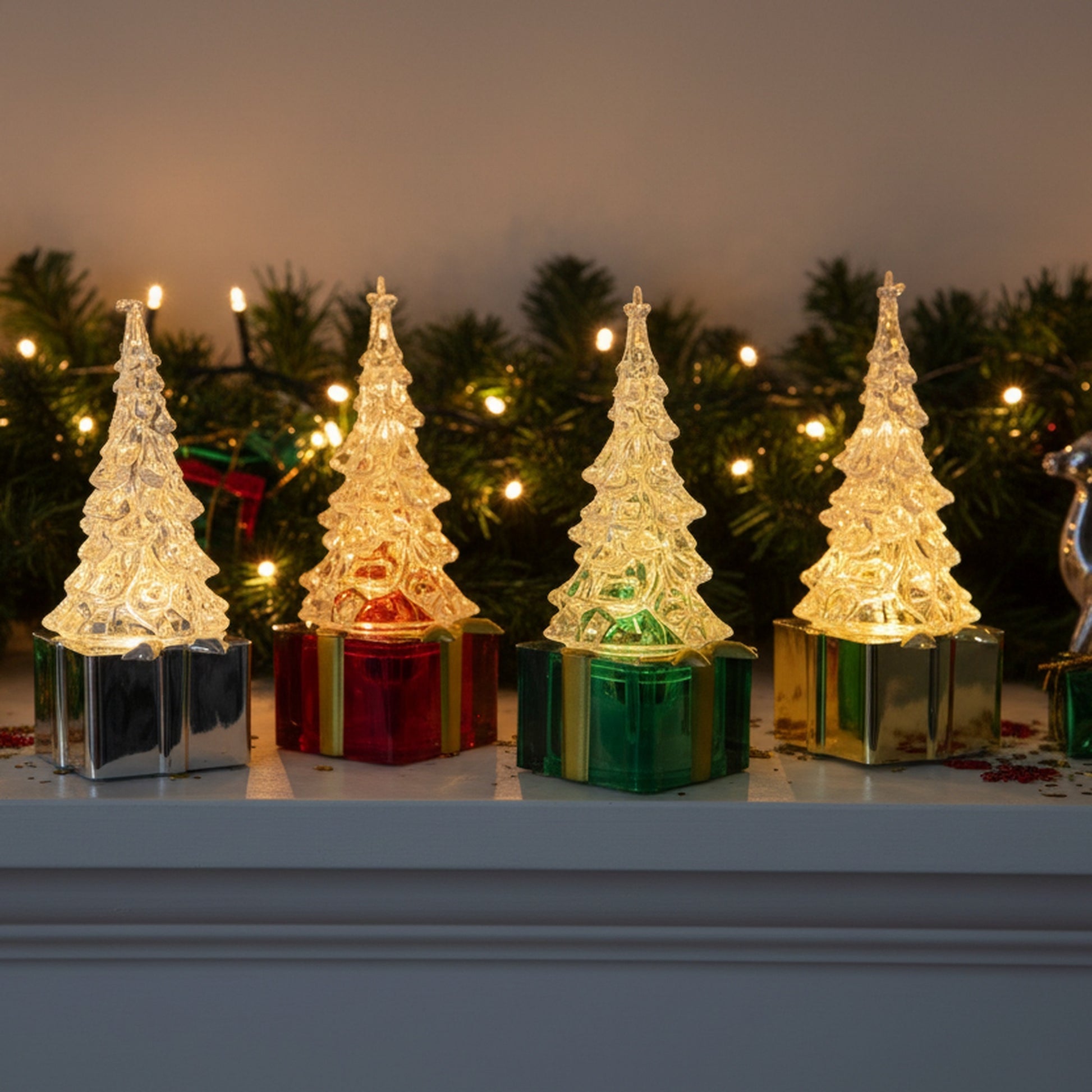 LED Acrylic Christmas Tree on Present Assorted, Christmas, Holiday Decor- Set of 4