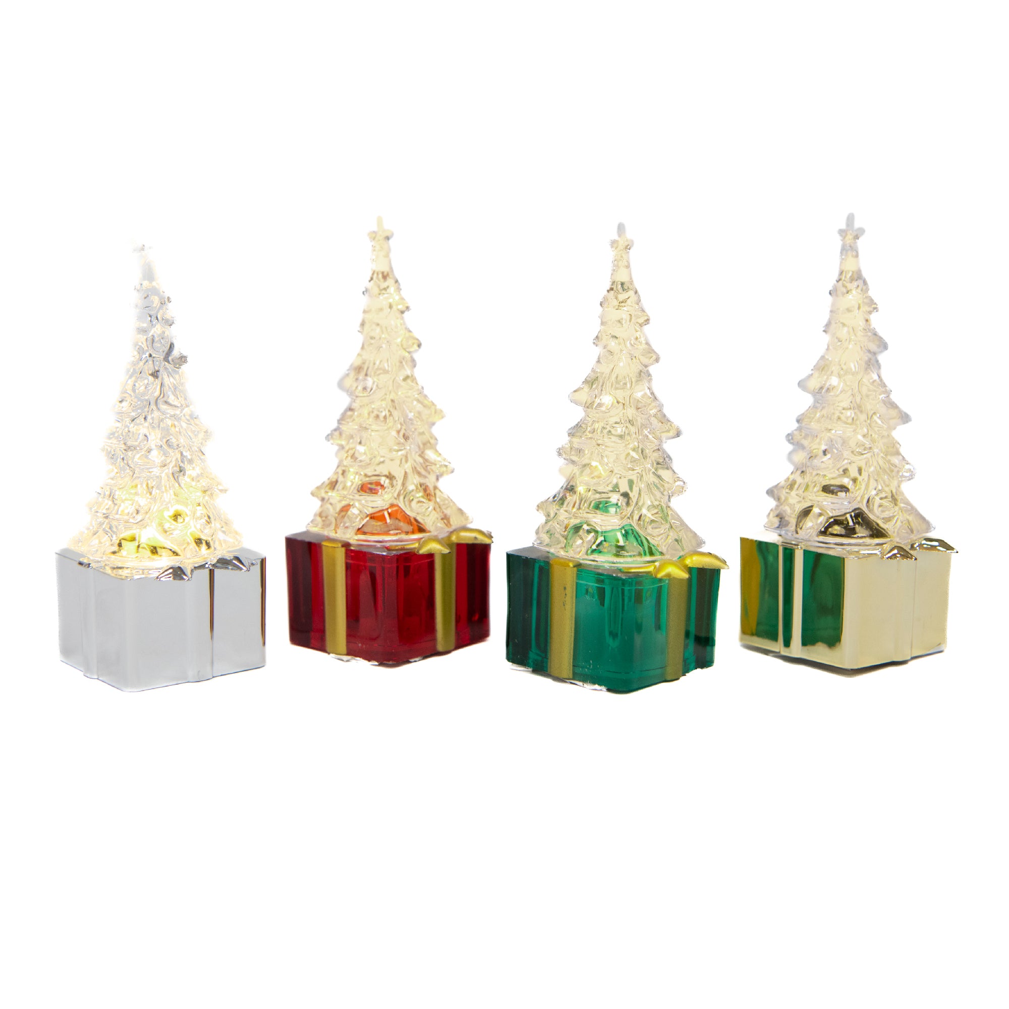 LED Acrylic Christmas Tree on Present Assorted, Christmas, Holiday Decor- Set of 4