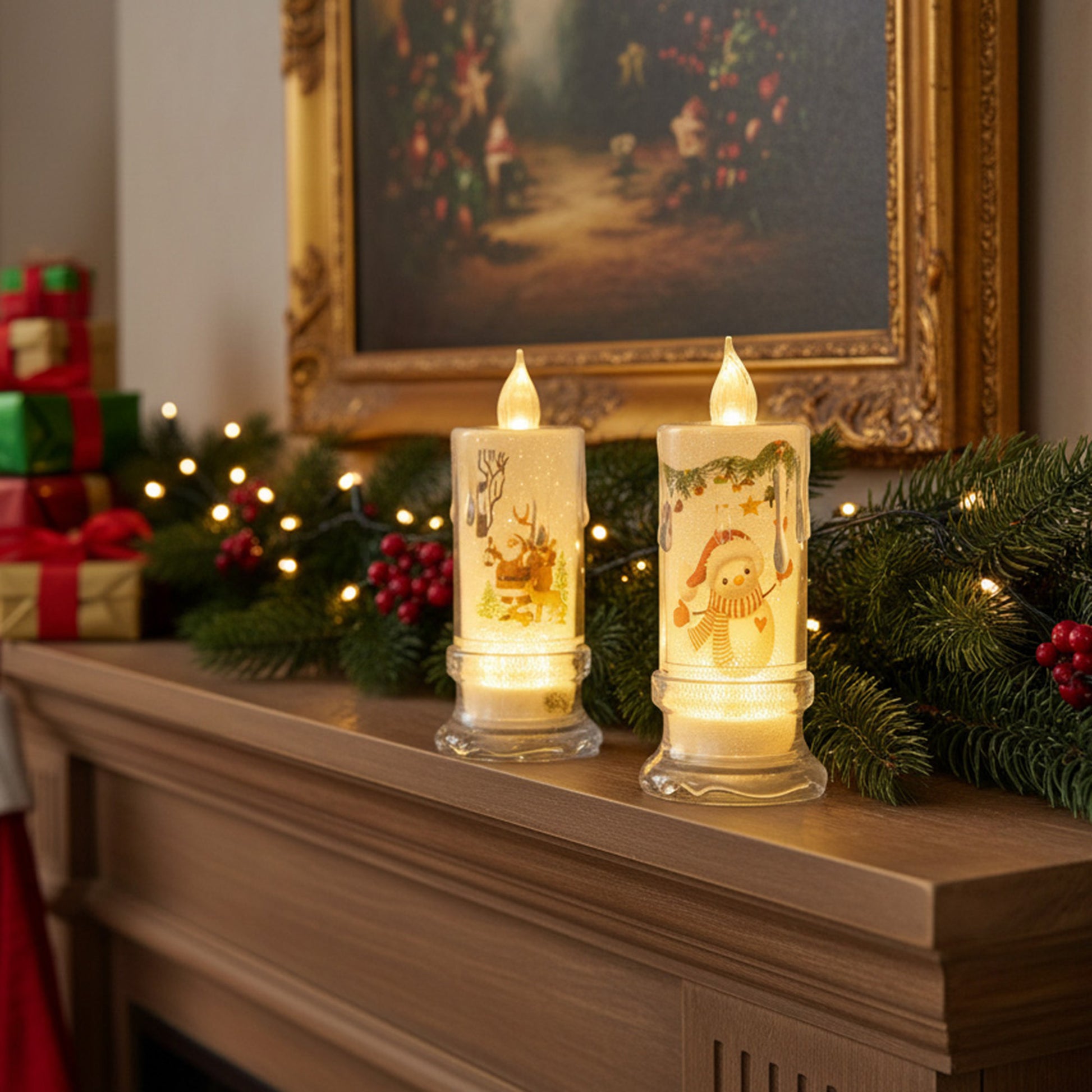 6.10" LED Acrylic Printed Candle Assorted, Holiday Decor- Set of 2