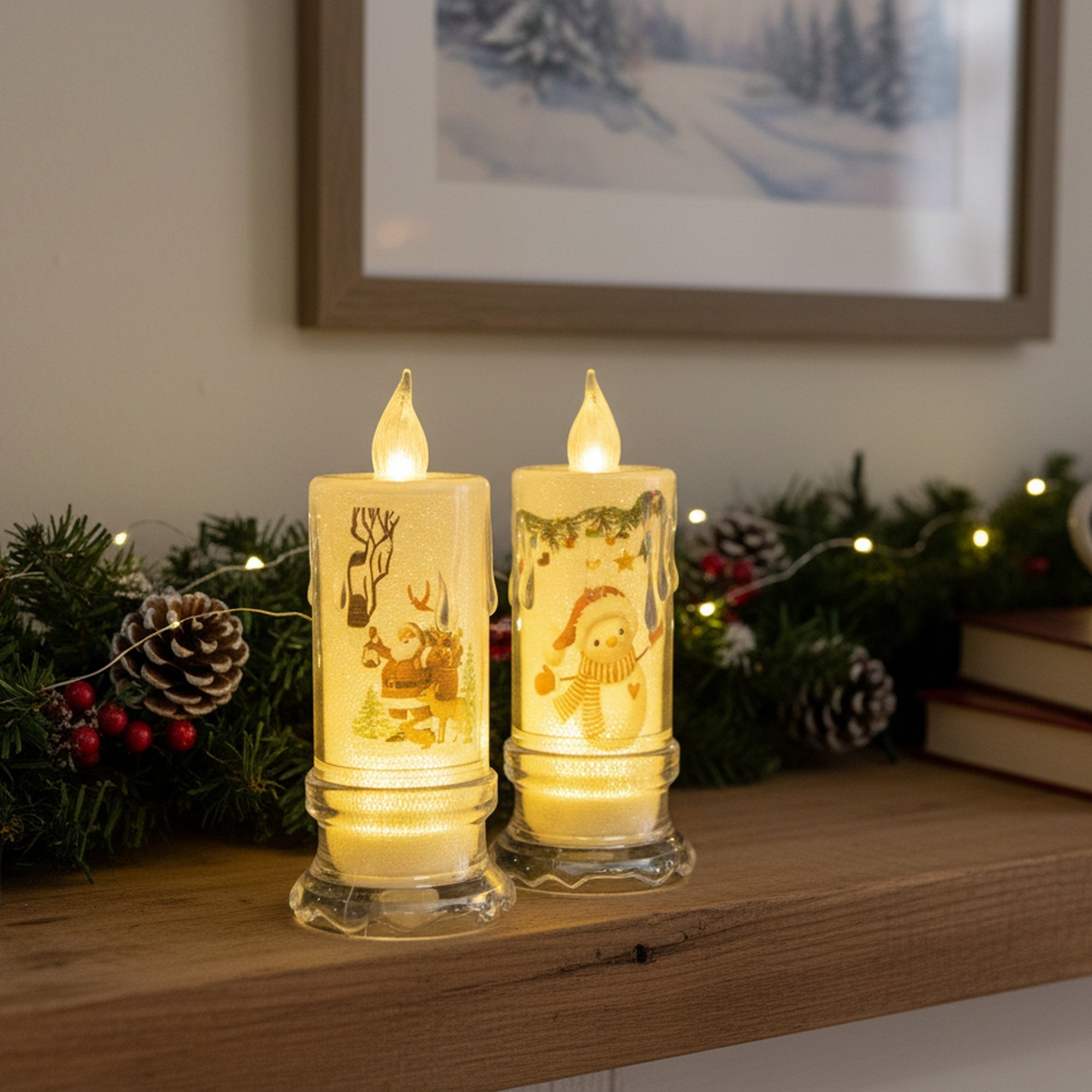 6.10" LED Acrylic Printed Candle Assorted, Holiday Decor- Set of 2