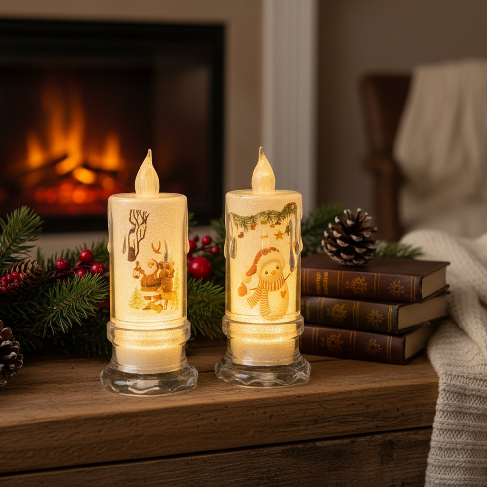 6.10" LED Acrylic Printed Candle Assorted, Holiday Decor- Set of 2