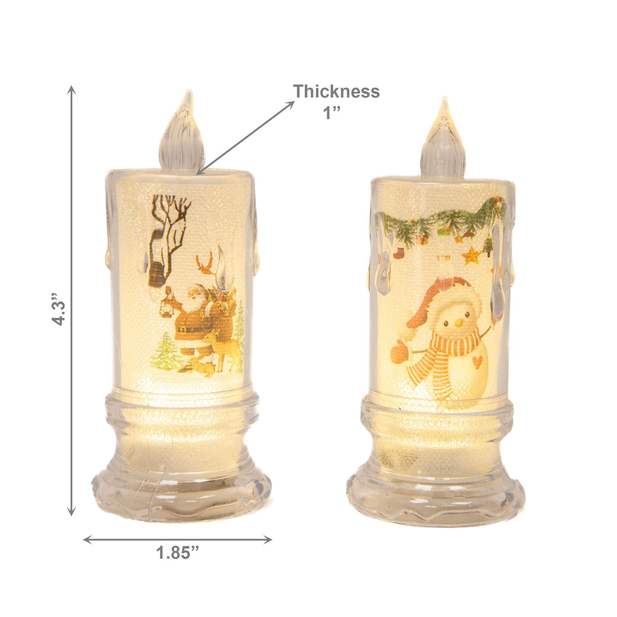 4.3" LED Acrylic Printed Candle Assorted, Holiday Decor- Set of 6