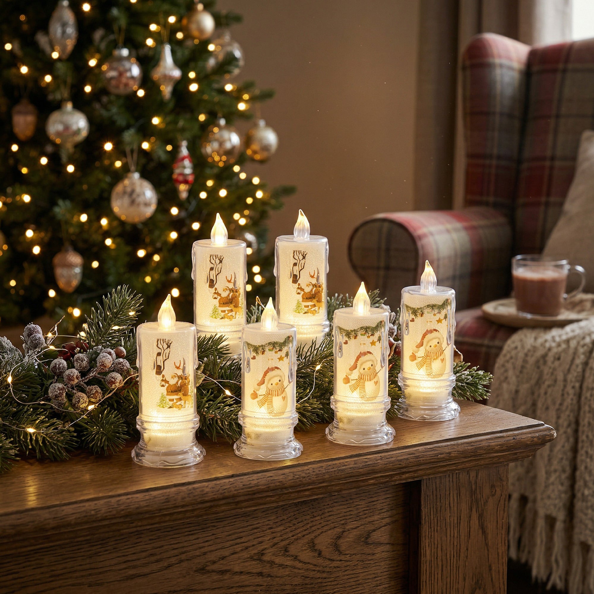 4.3" LED Acrylic Printed Candle Assorted, Holiday Decor- Set of 6