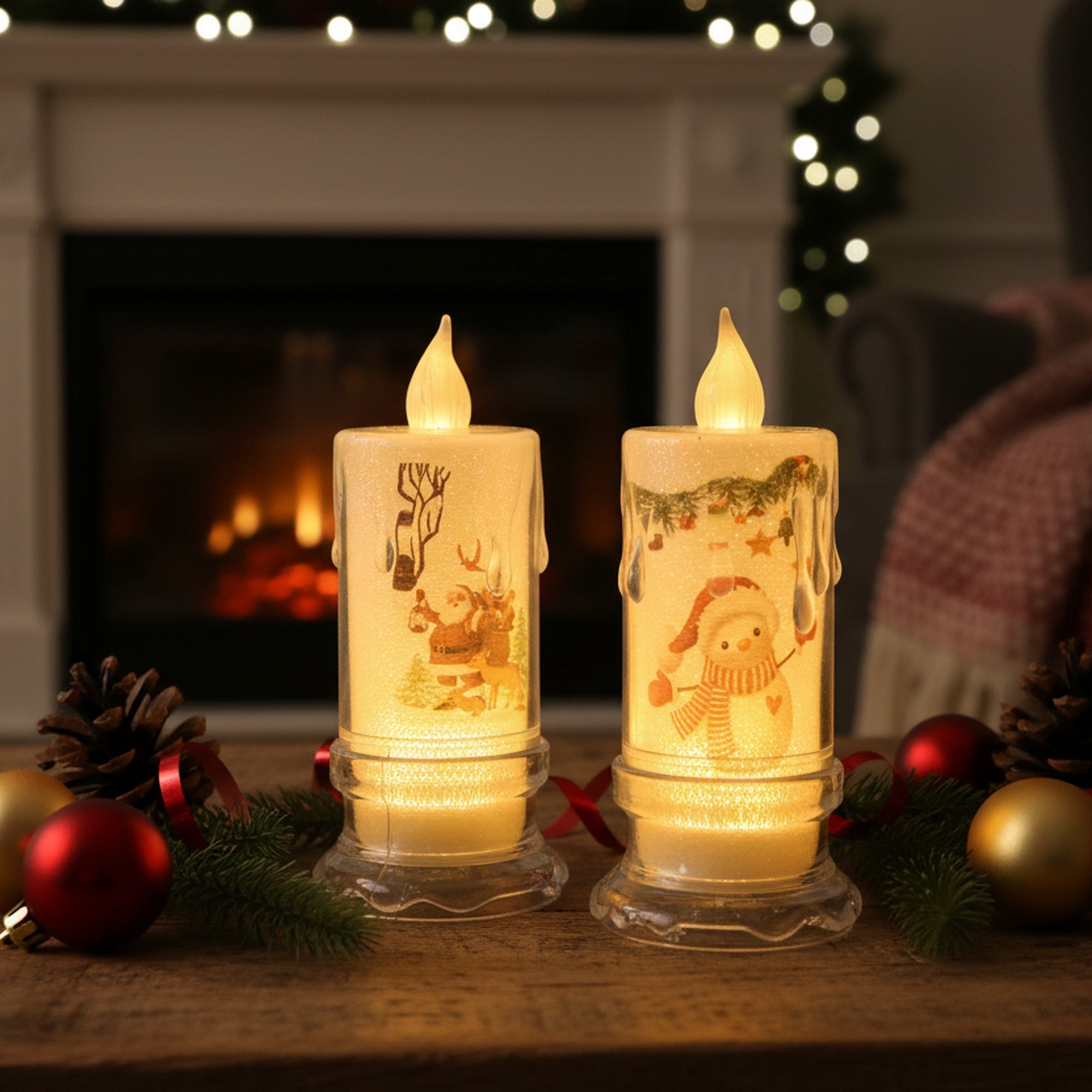 4.3" LED Acrylic Printed Candle Assorted, Holiday Decor- Set of 6