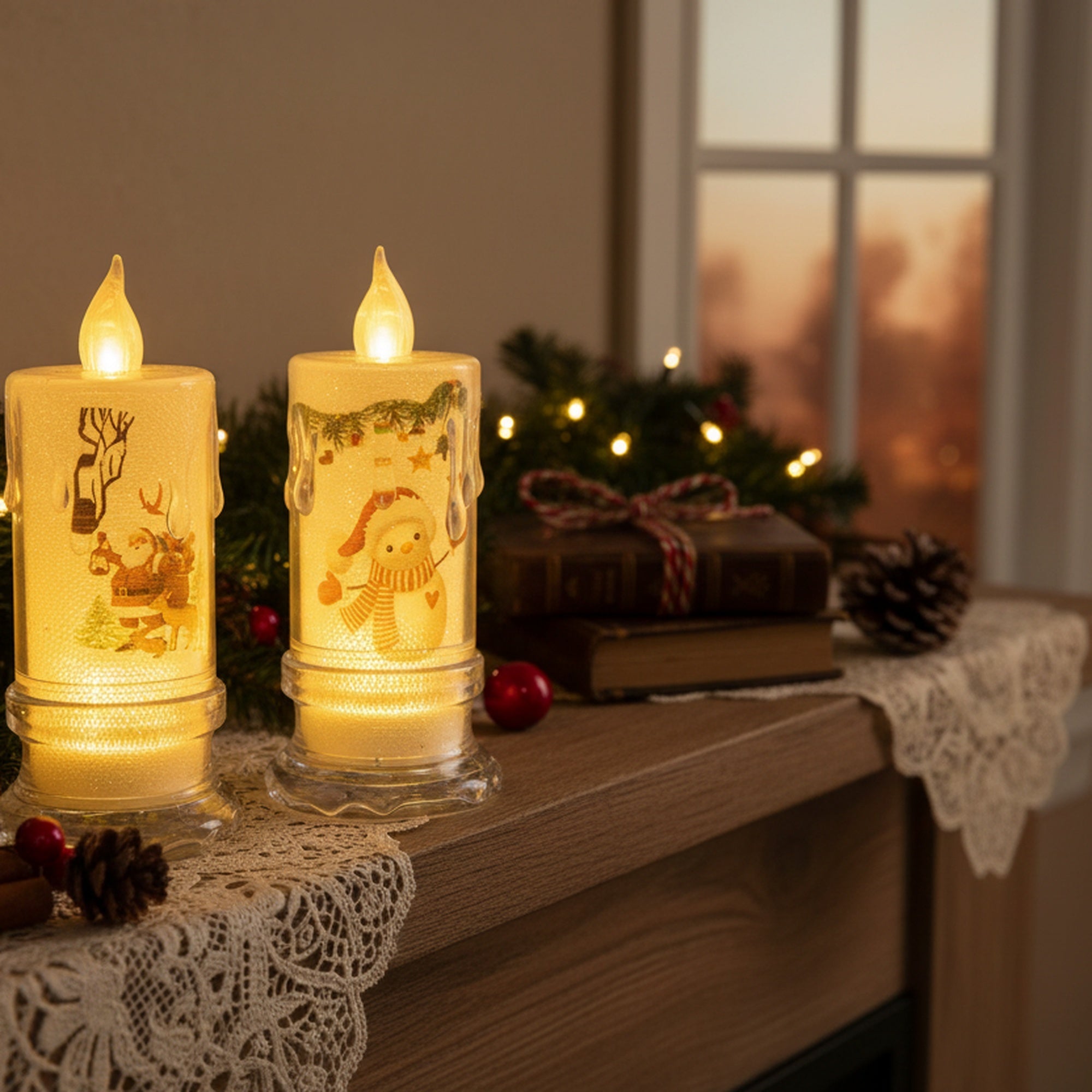 4.3" LED Acrylic Printed Candle Assorted, Holiday Decor- Set of 6