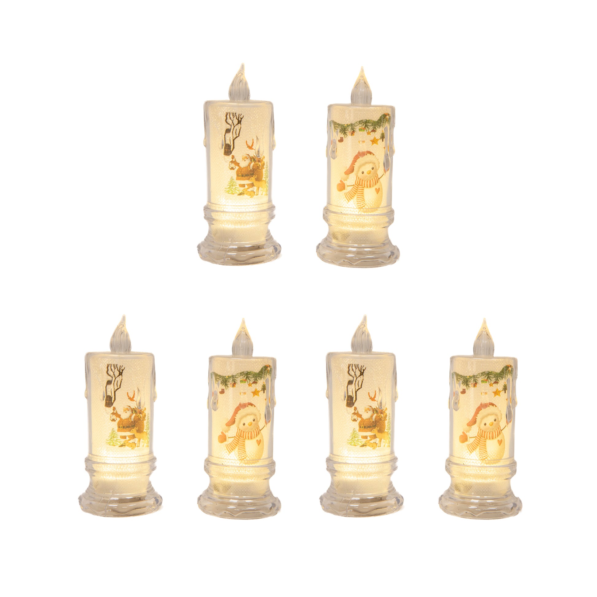 4.3" LED Acrylic Printed Candle Assorted, Holiday Decor- Set of 6