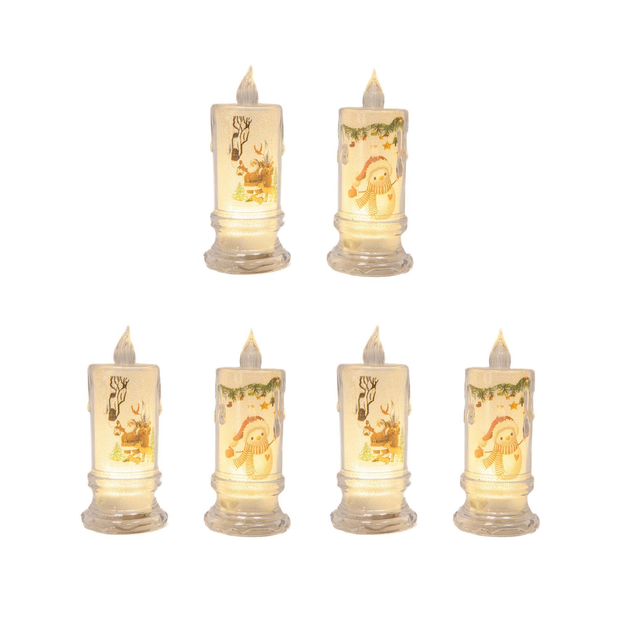 4.3" LED Acrylic Printed Candle Assorted, Holiday Decor- Set of 6