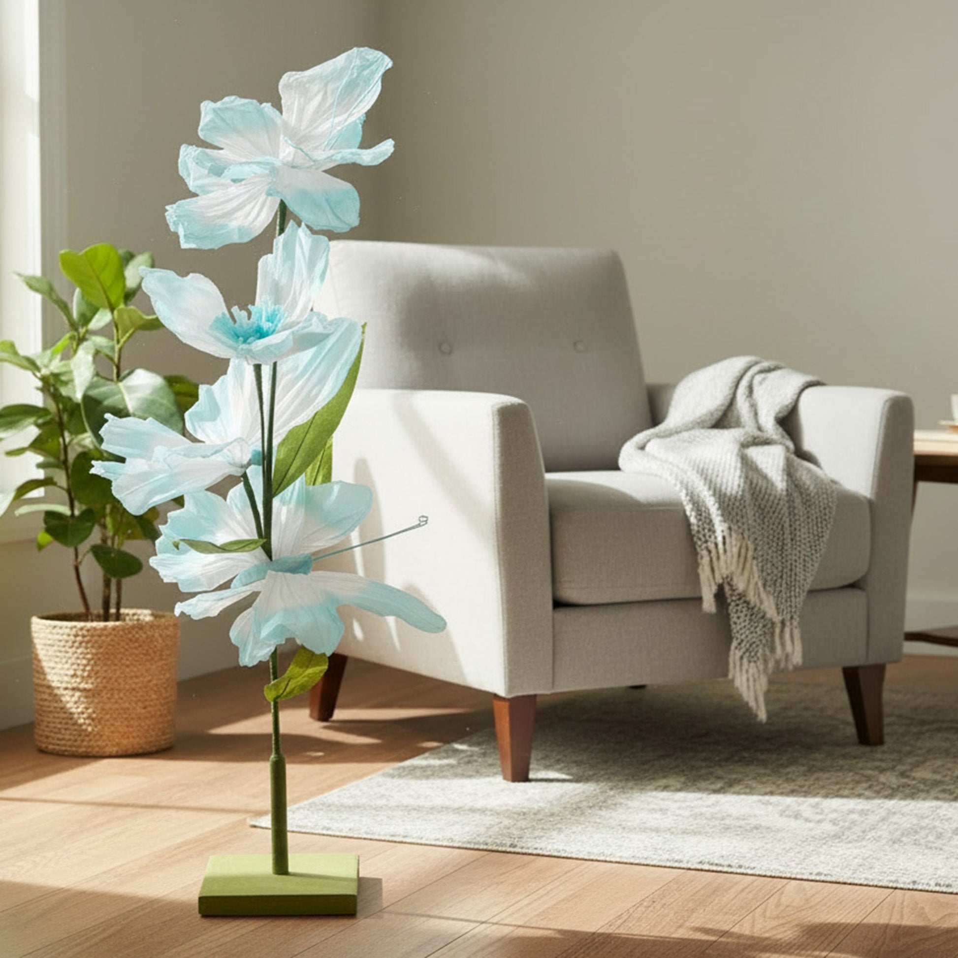 Light Blue Paper Butterfly and Flower Decorative Stand, Home Décor, Tabletop, Handmade, Elegant Accent