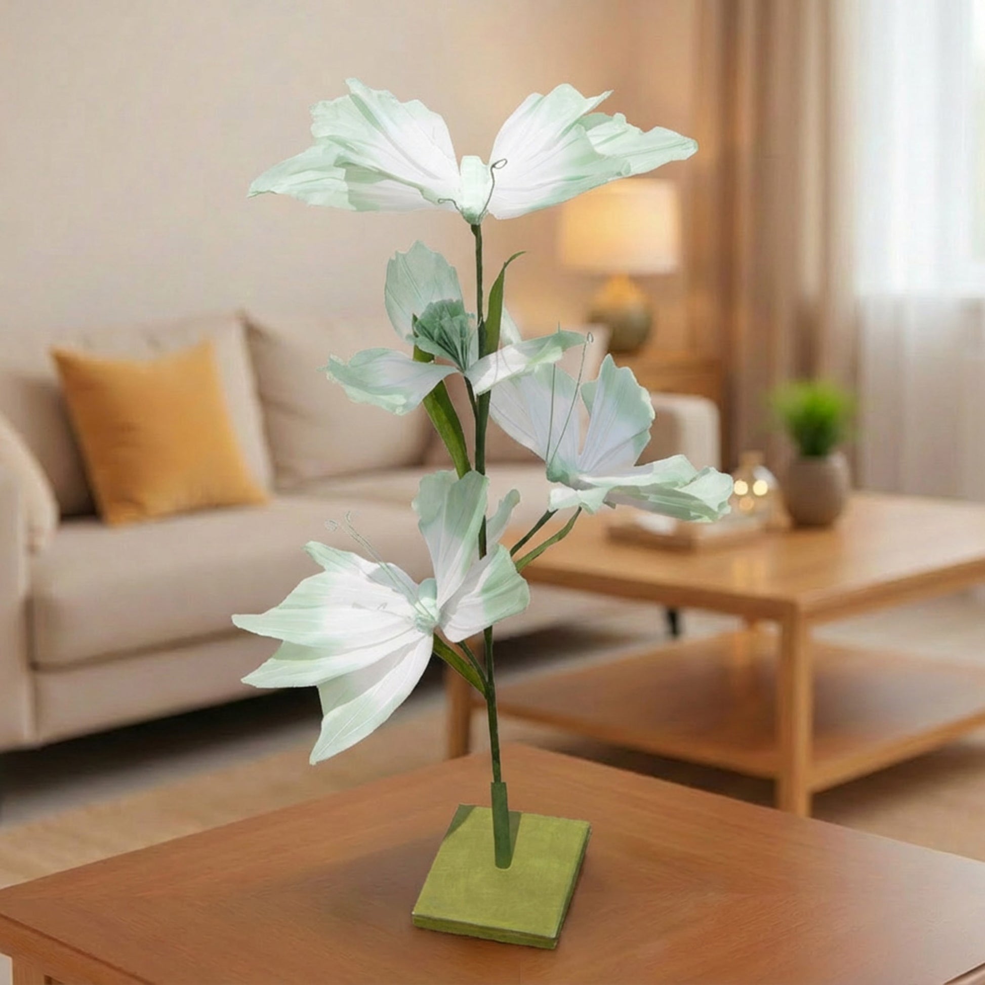 Green Paper Butterfly and Flower Decorative Stand, Home Décor, Tabletop, Handmade, Elegant Accent
