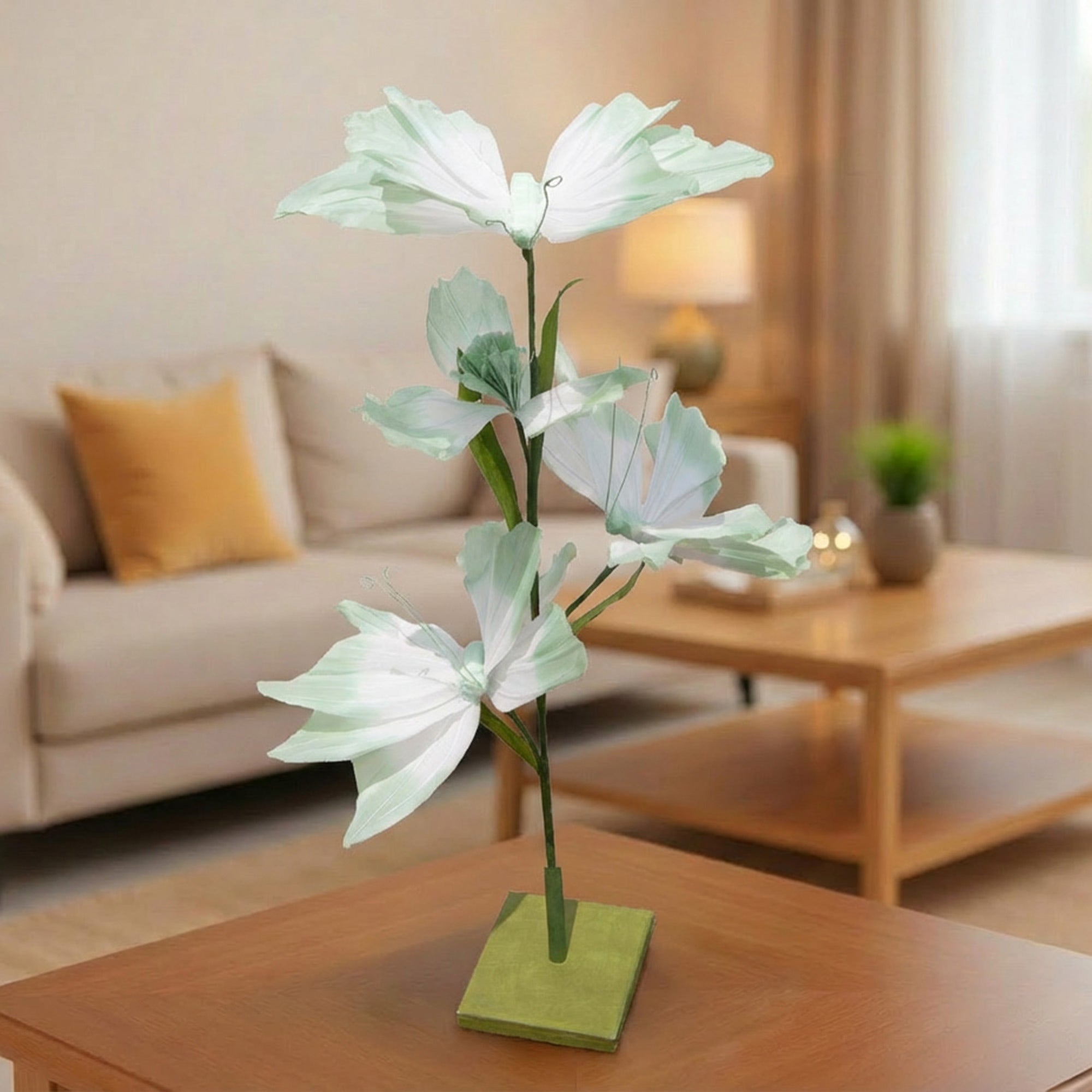 Green Paper Butterfly and Flower Decorative Stand, Home Décor, Tabletop, Handmade, Elegant Accent