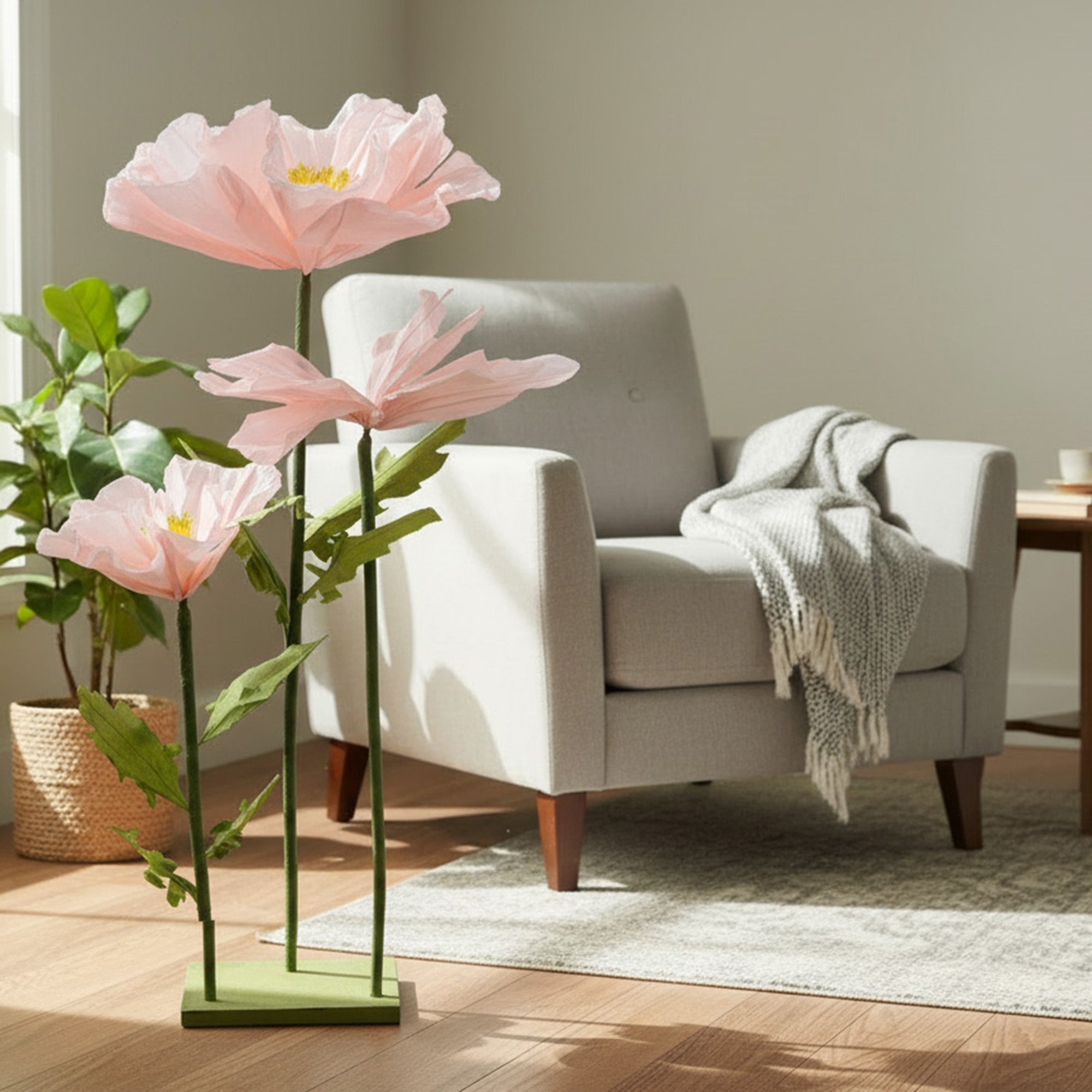 Pink Poppy Giant Paper Flower and Butterfly Decorative Stand, Home Décor, Tabletop, Handmade, Elegant Accent