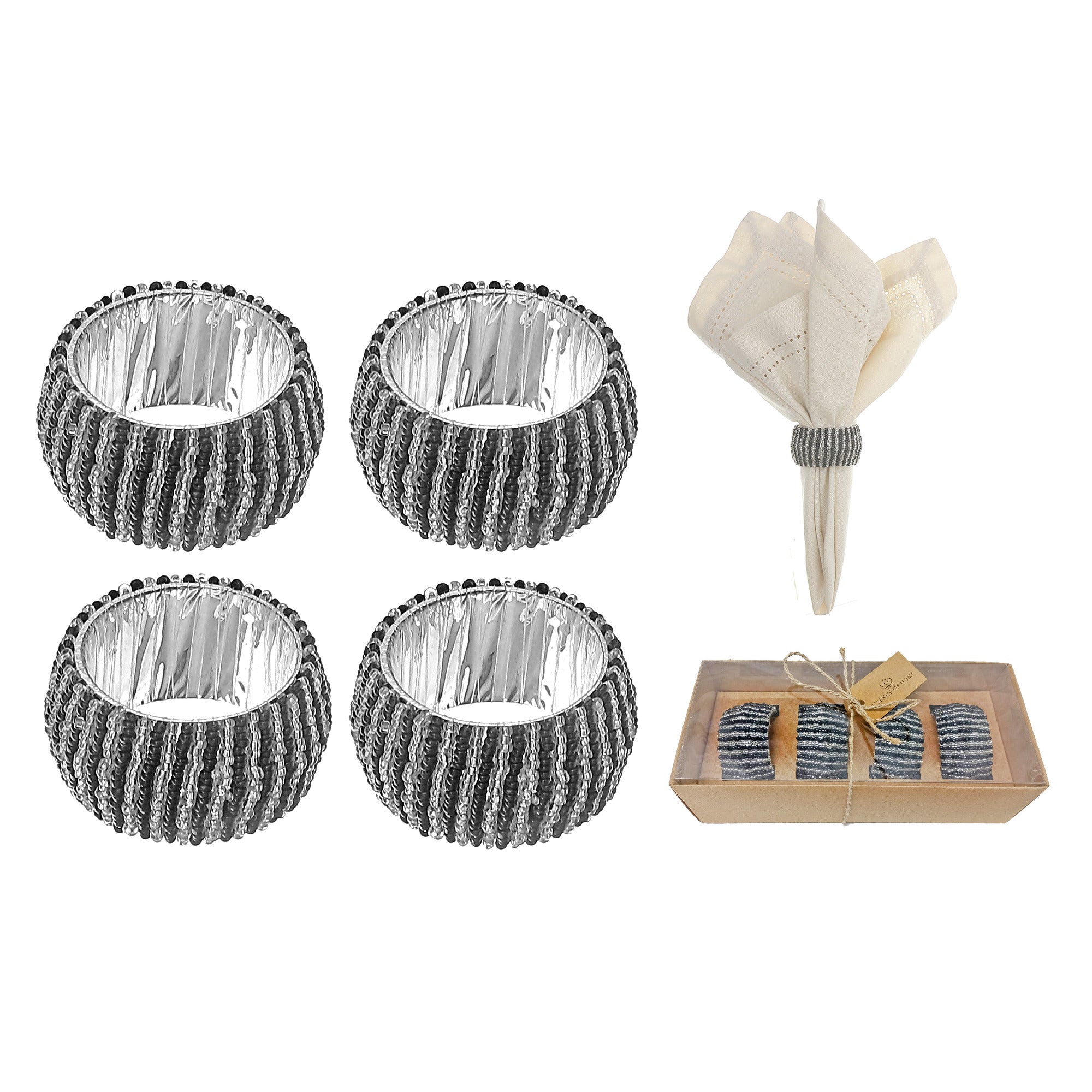 4Pc Beaded Black & Silver Napkin Ring With Craft Box, Table Setting Decoration
