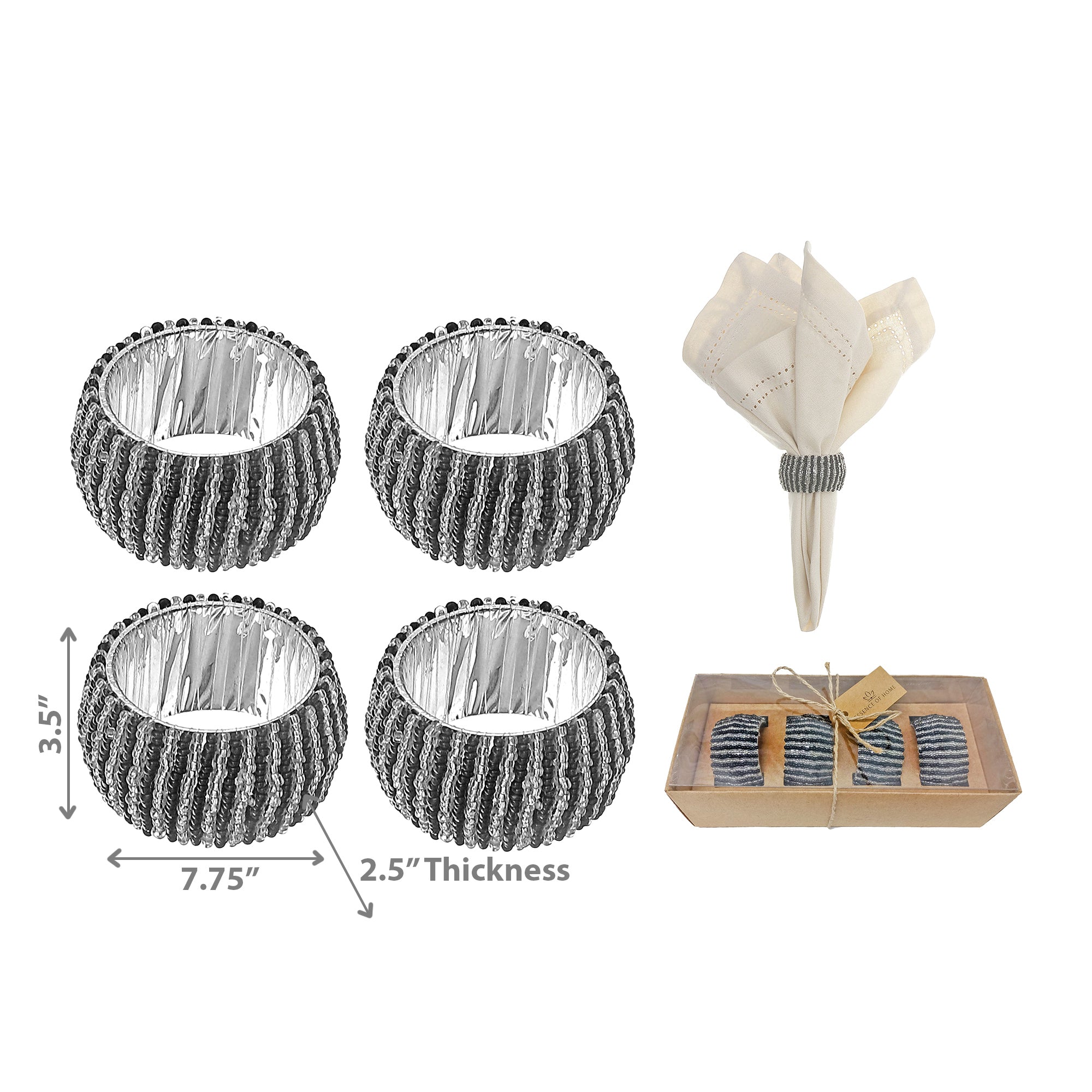 4Pc Beaded Black & Silver Napkin Ring With Craft Box, Table Setting Decoration