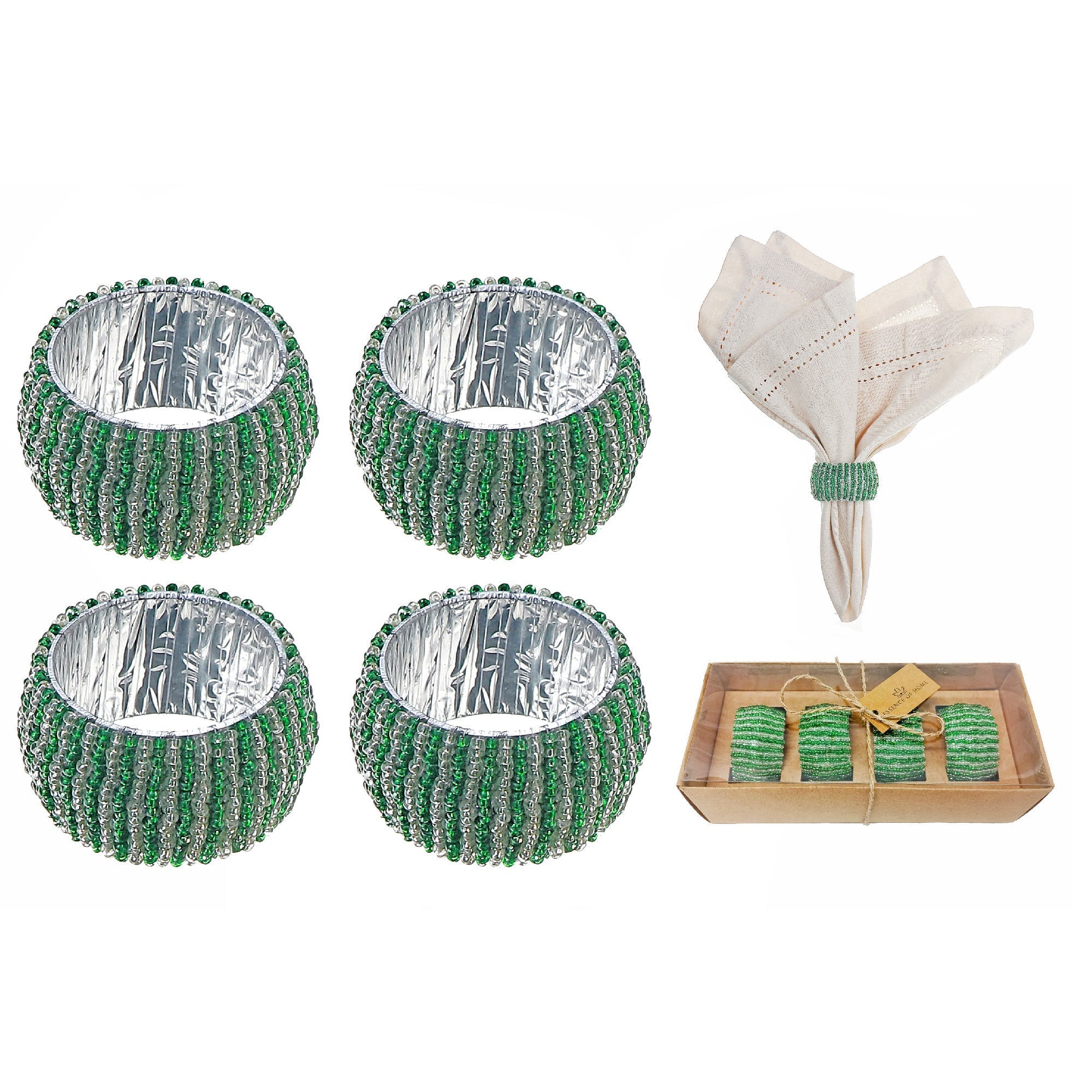 4Pc Beaded Green & Silver Napkin Ring With Craft Box, Table Setting Decoration