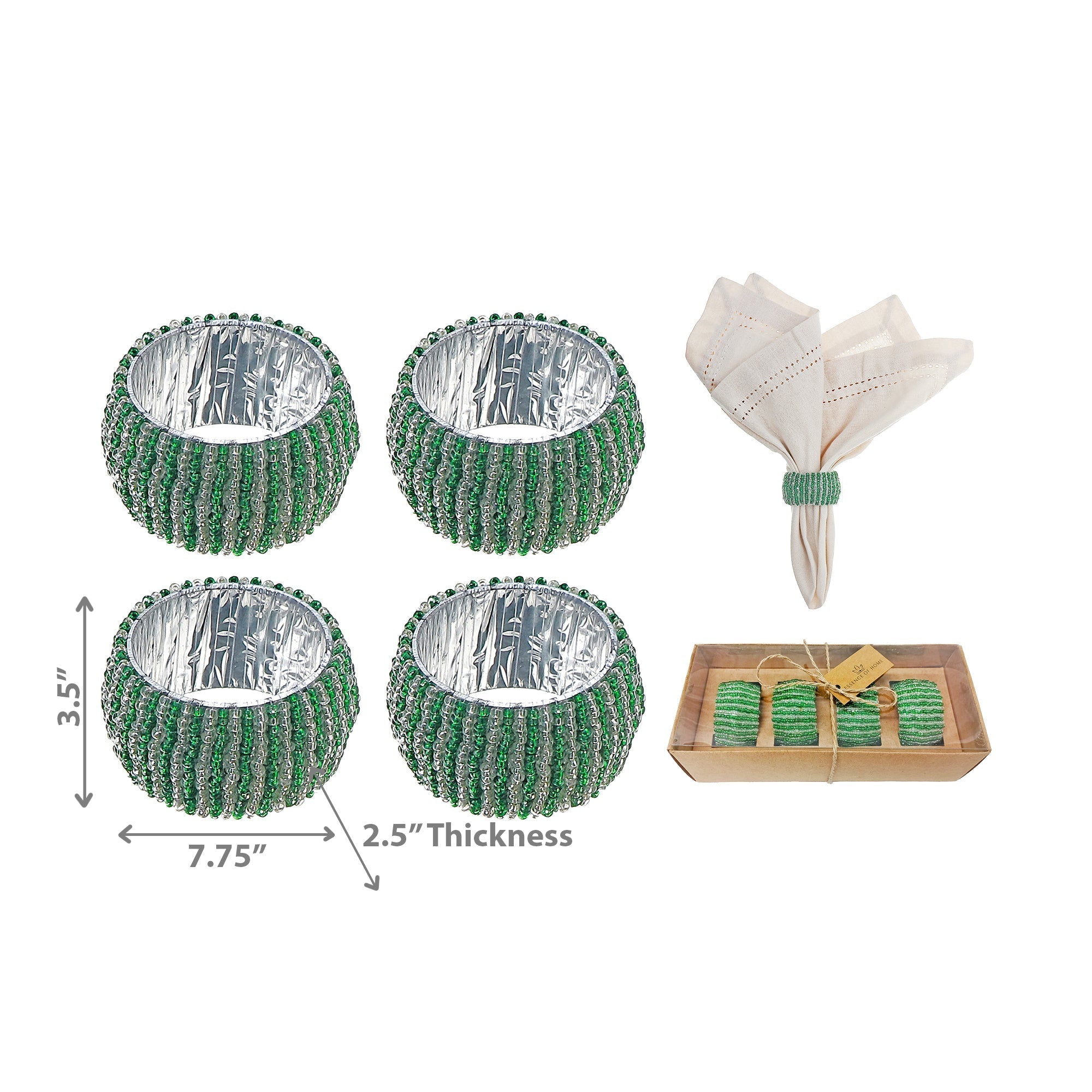 4Pc Beaded Green & Silver Napkin Ring With Craft Box, Table Setting Decoration