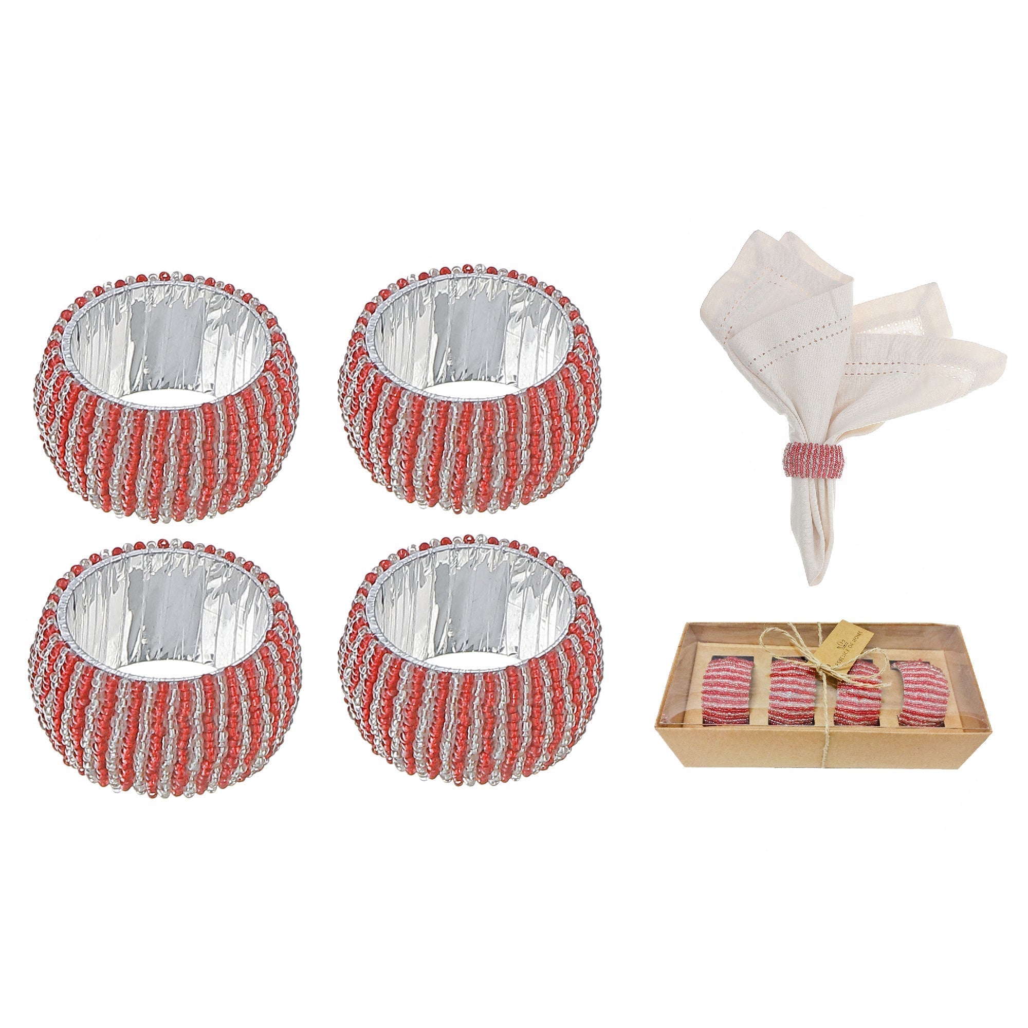4Pc Beaded Red & Silver Napkin Ring With Craft Box, Table Setting Decoration