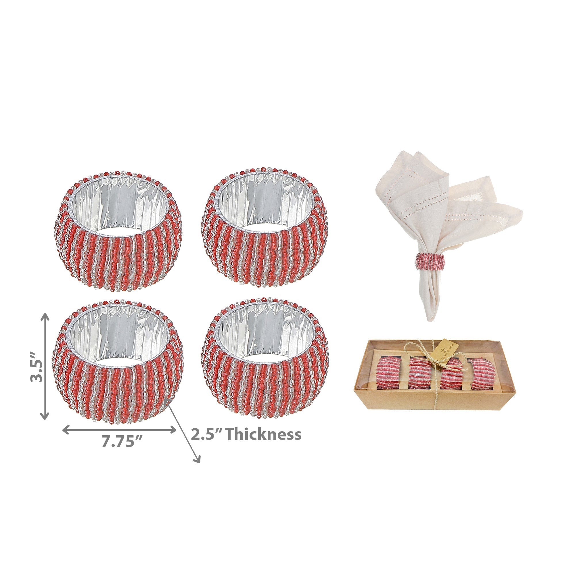 4Pc Beaded Red & Silver Napkin Ring With Craft Box, Table Setting Decoration