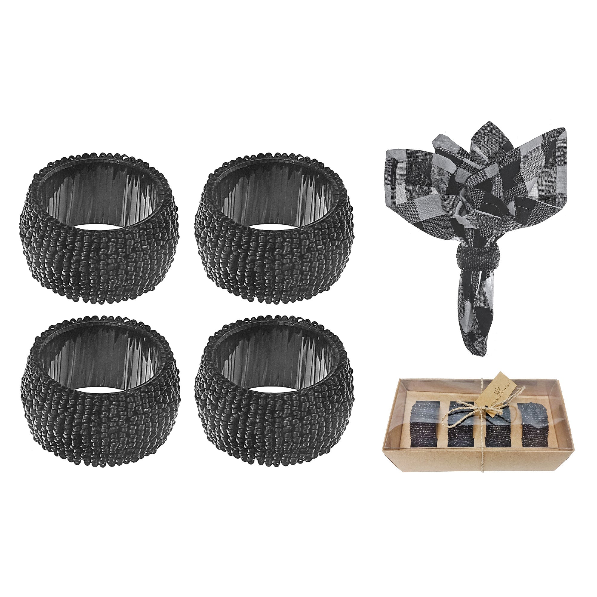 4Pc Beaded Black Napkin Ring With Craft Box, Table Setting Decoration